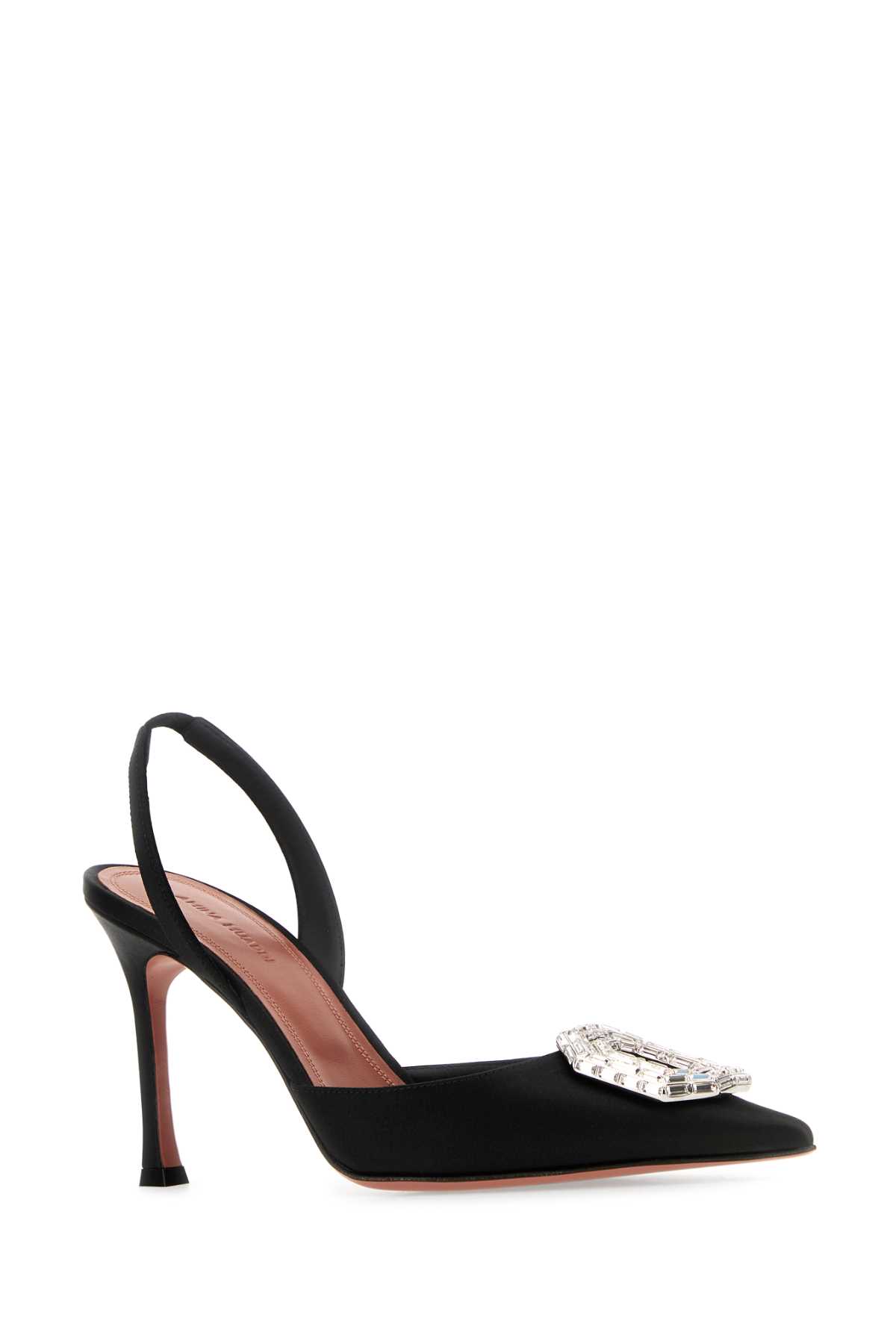 Shop Amina Muaddi Black Satin Camelia Pumps