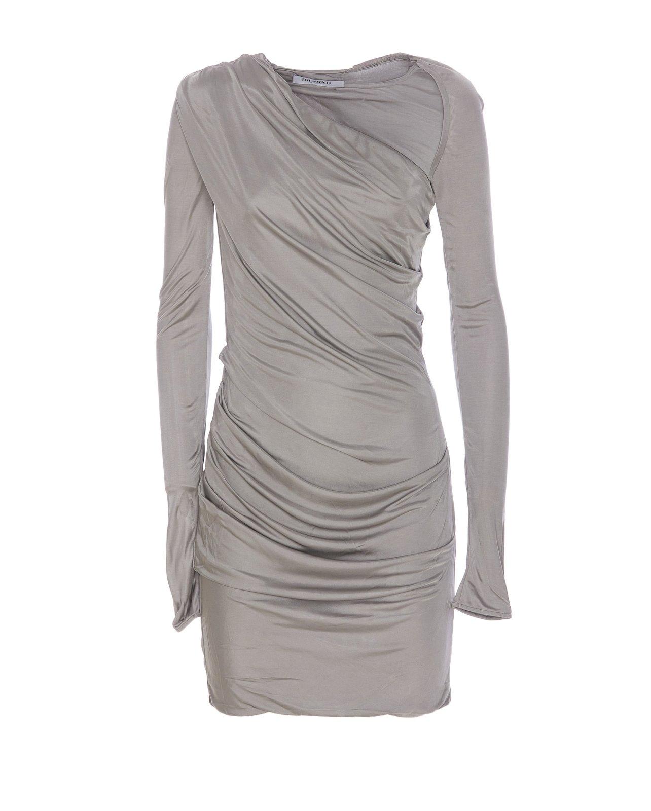Attico Draped Satin Long Sleeved Mini Dress In Grey