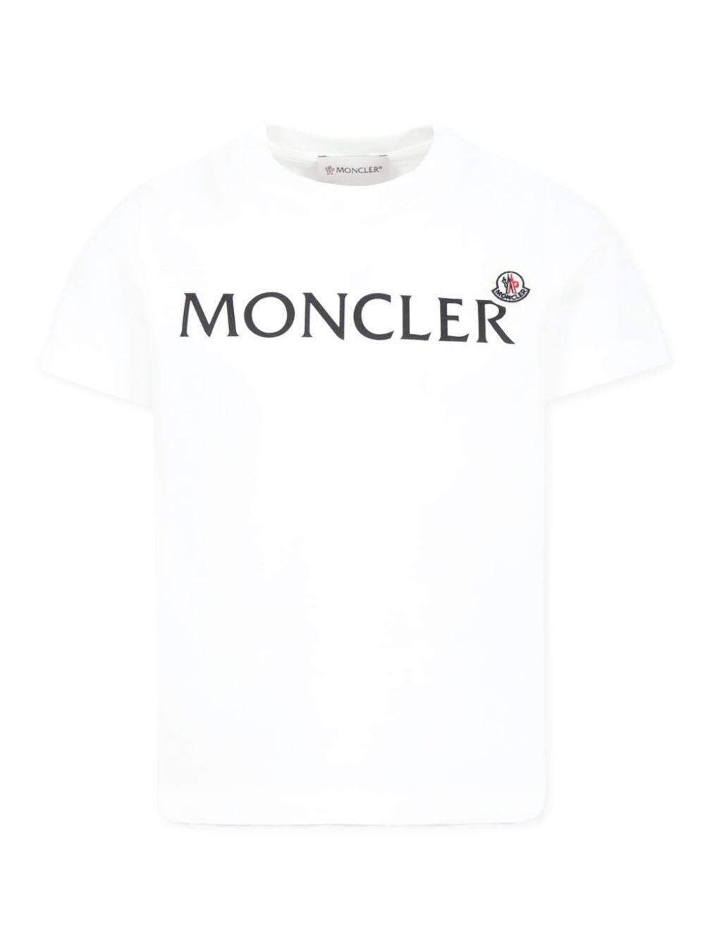 Moncler Kids' White T-shirt With Lettering Logo And Logo Patch On The Front In Cotton Boy