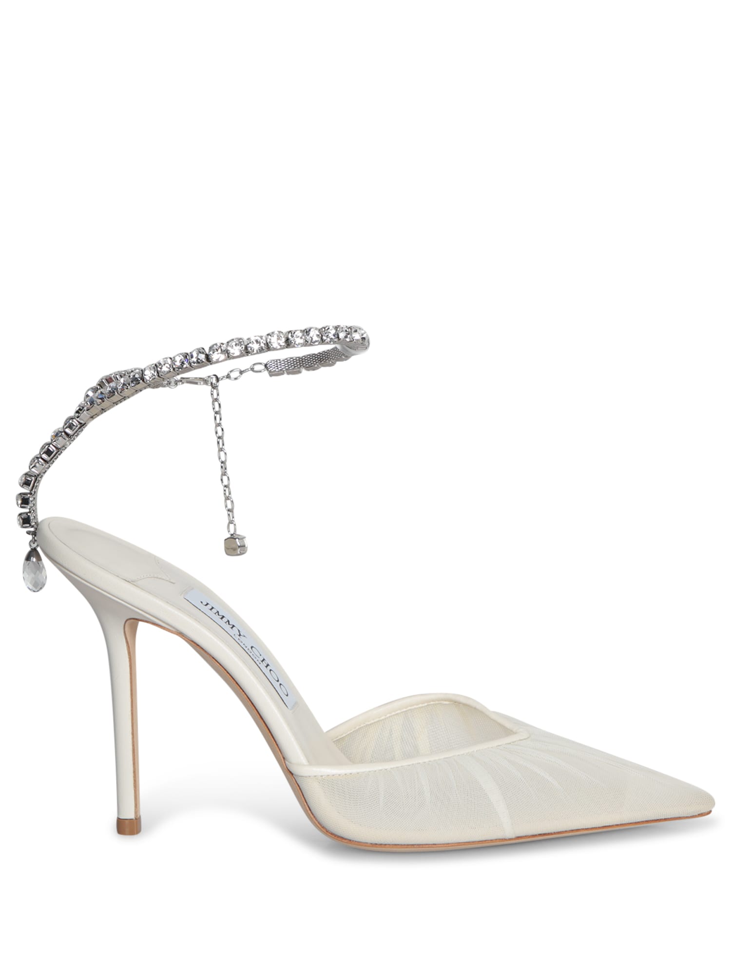 Jimmy Choo Saeda Crystal Ankle Strap Pointed Toe Pump In White
