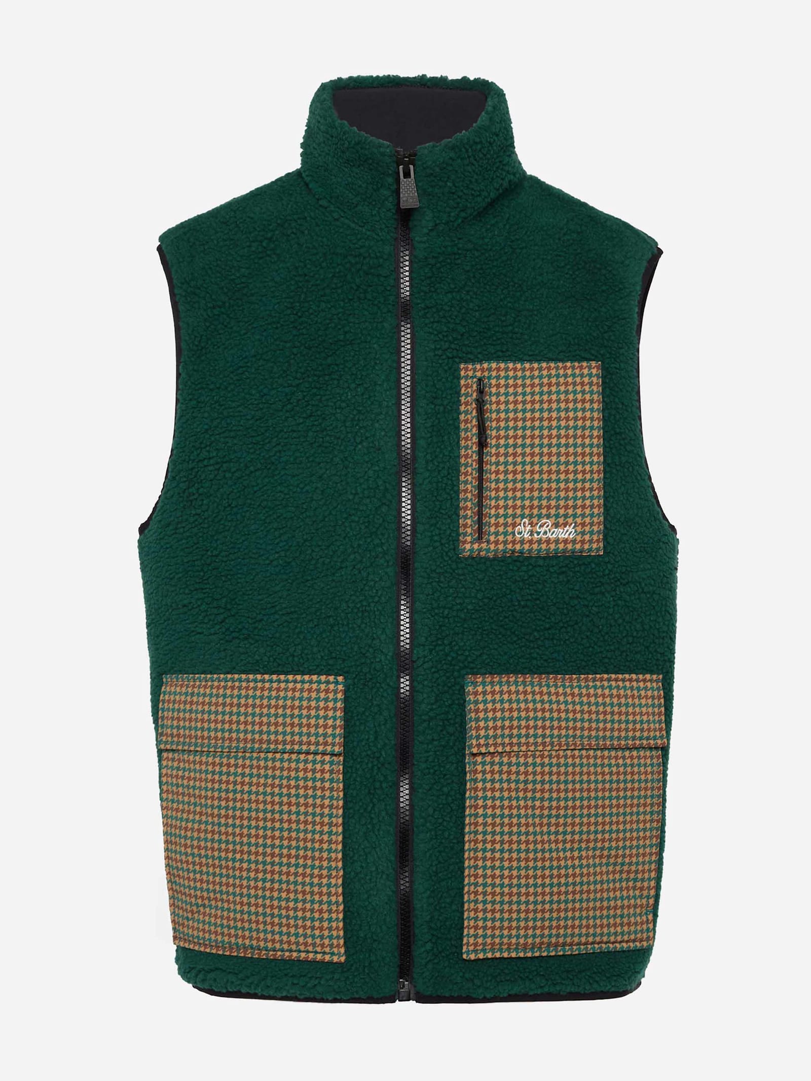 Mc2 Saint Barth Man Teddy Vest Wanaka With Pied De Poul Print In Green