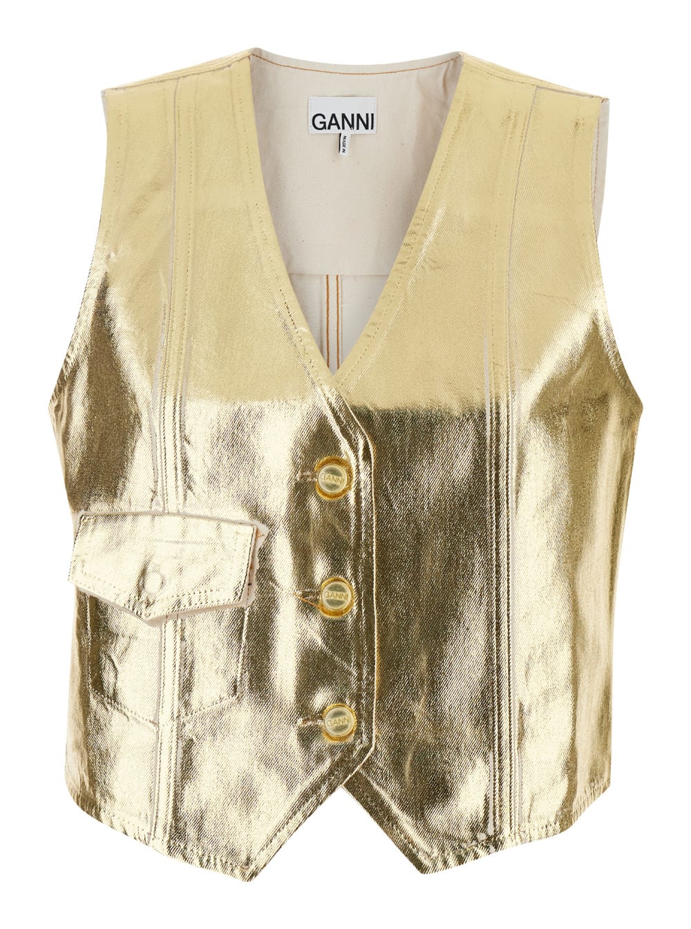 Shop Ganni Gold Vest With Branded Buttons In Laminated Denim Woman In Metallic