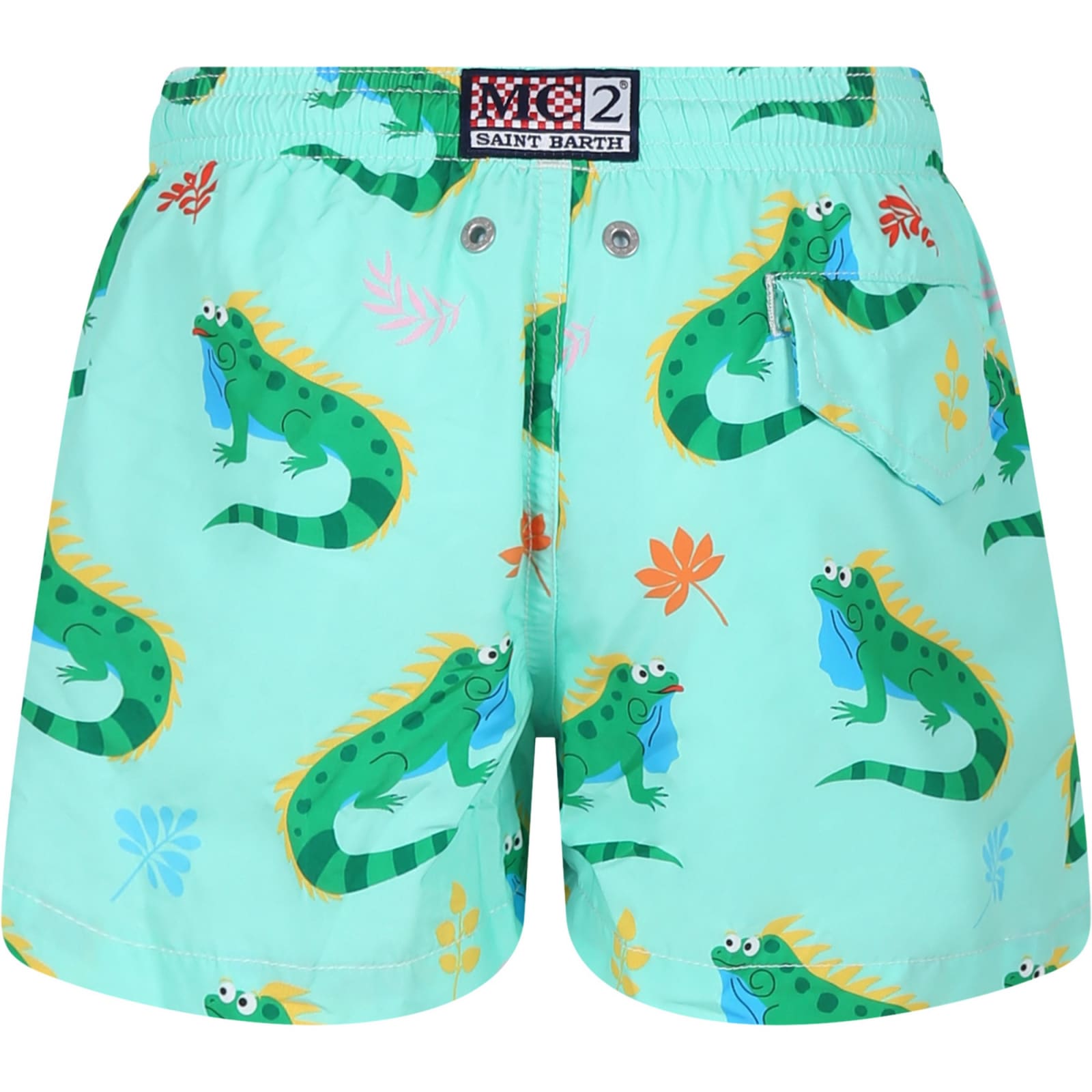 Shop Mc2 Saint Barth Green Swimshorts For Boy With Iguana Print And Logo