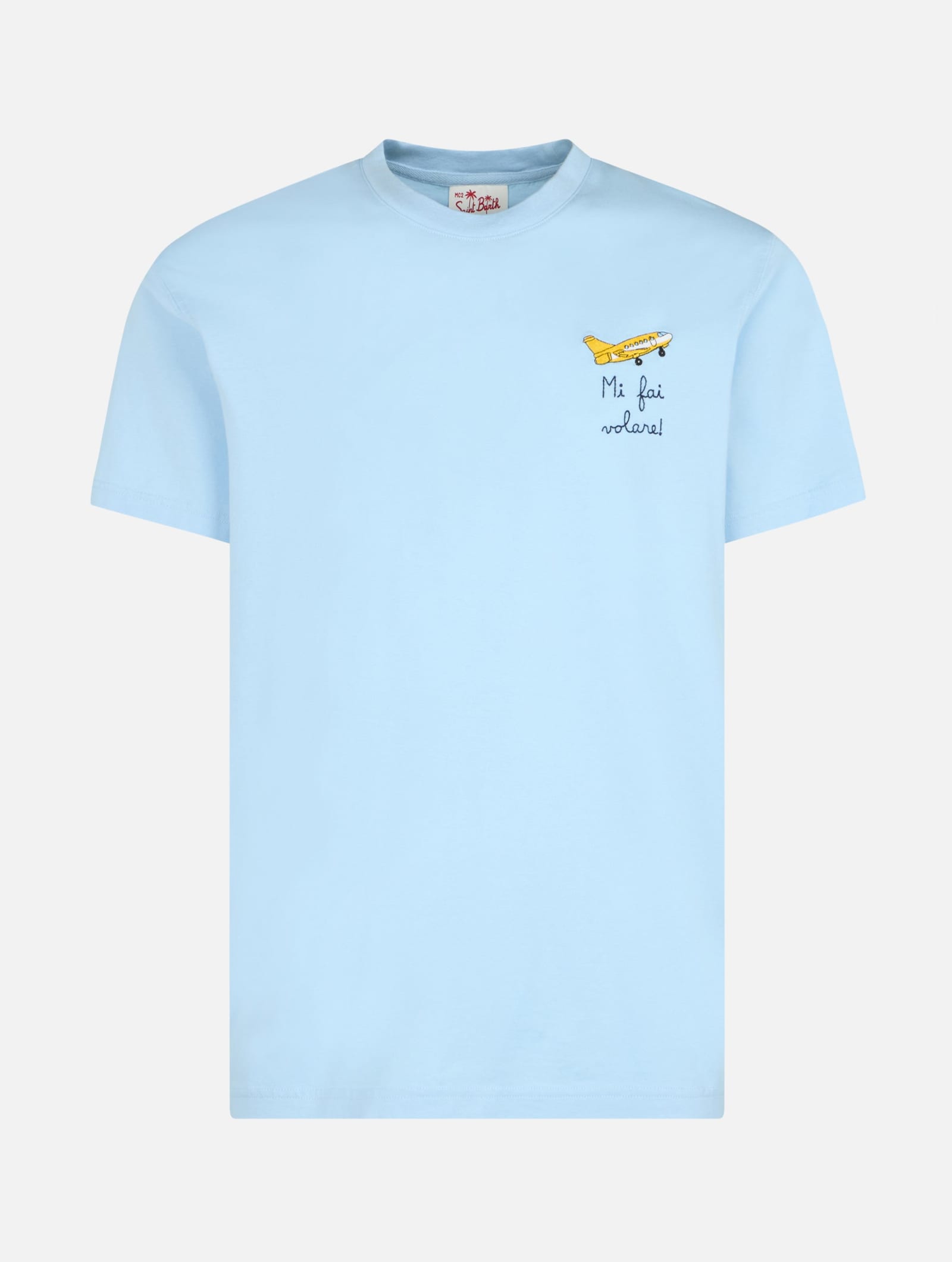 Mc2 Saint Barth Man Classic Fit Cotton Jersey T-shirt Portofino With Mi Fai Volare Embroidery In Sky