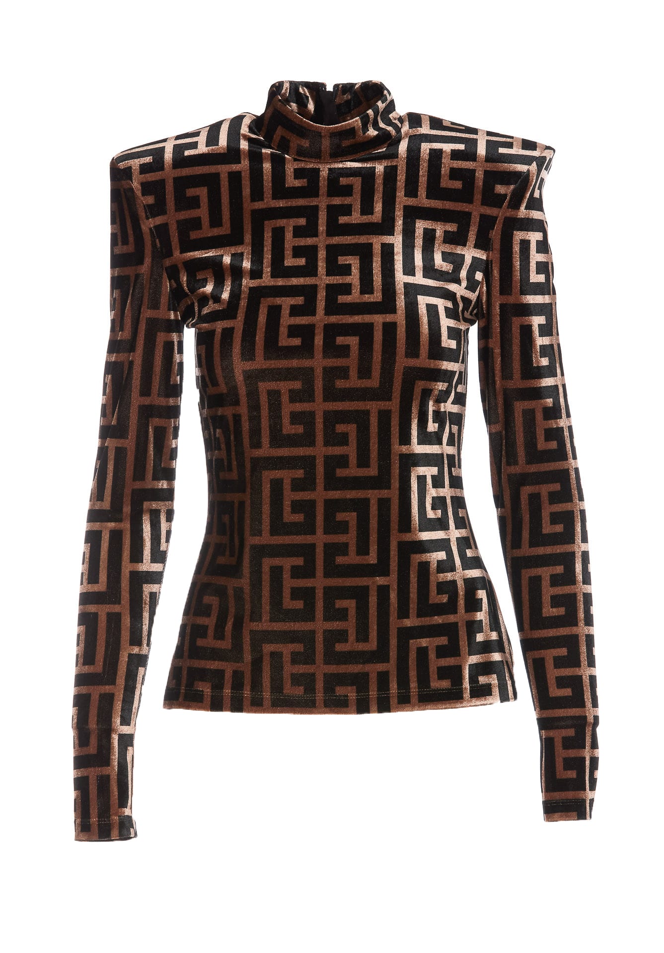 Brown Monogram Print Long Sleeved Zip Turtleneck Top