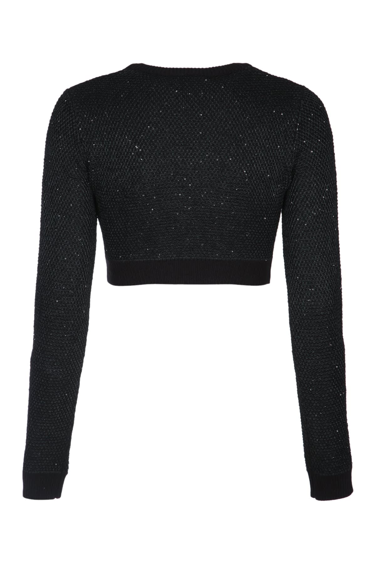 Elisabetta Franchi Textured Knit Cropped Sweater With Jewel-button Pockets In Black