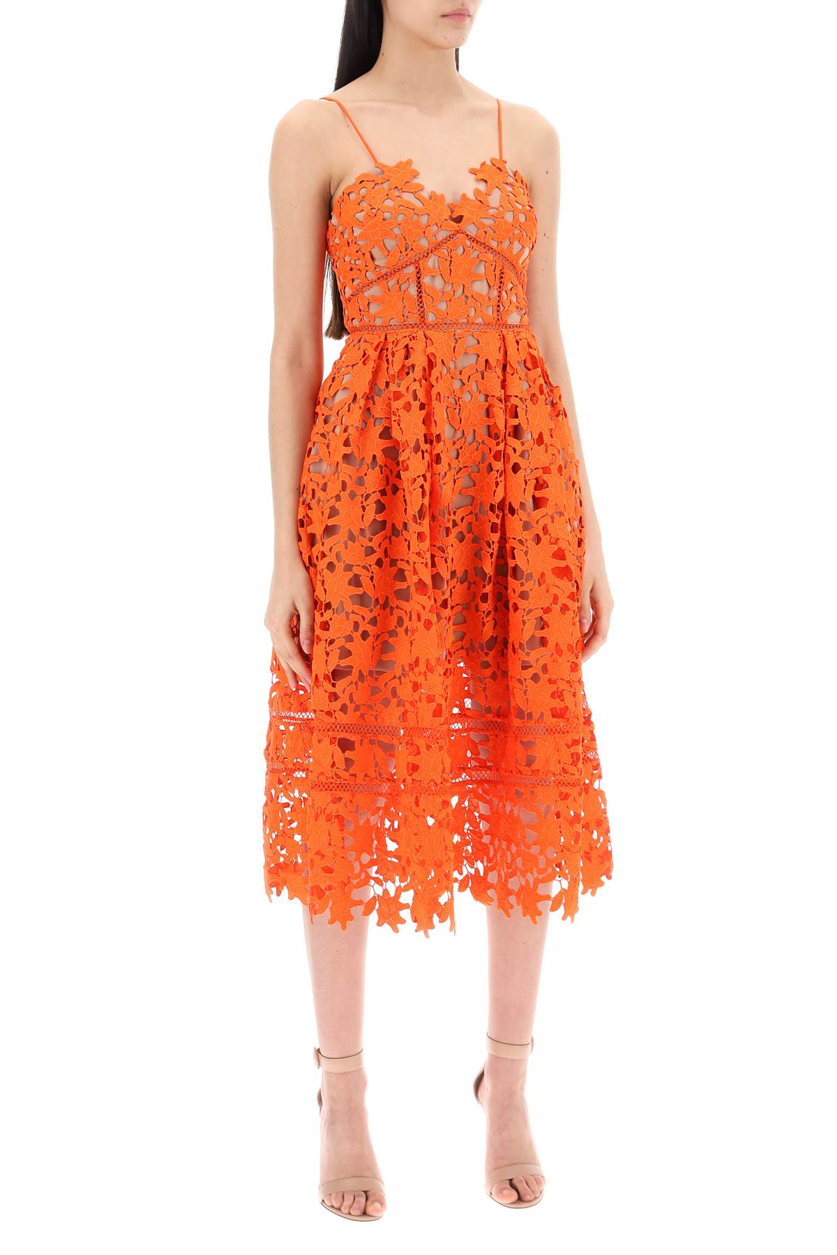 Shop Self-portrait Azaelea Floral Lace Midi Dress In Orange