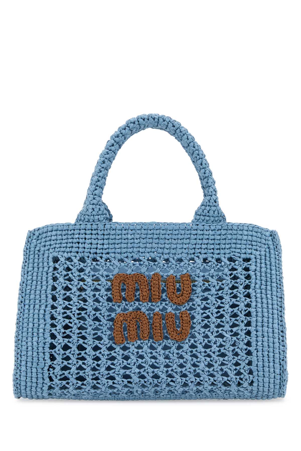 Shop Miu Miu Light Blue Crochet Handbag In Celestecognac