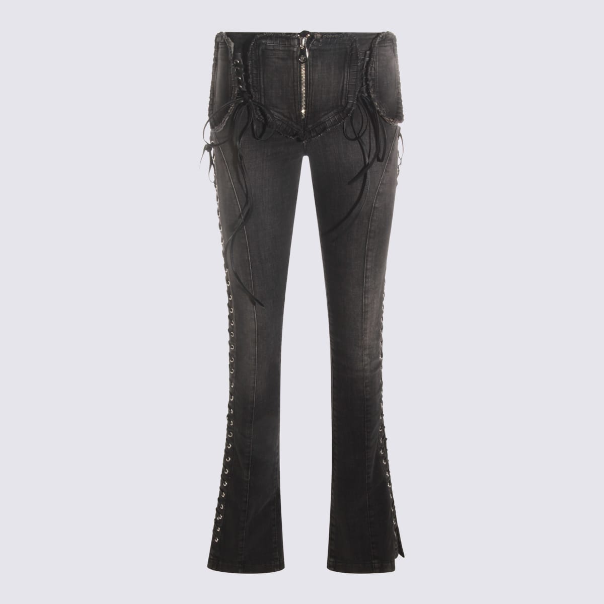 Blumarine Flared Hem Trousers With Lace-up And Frayed Edges In Gray