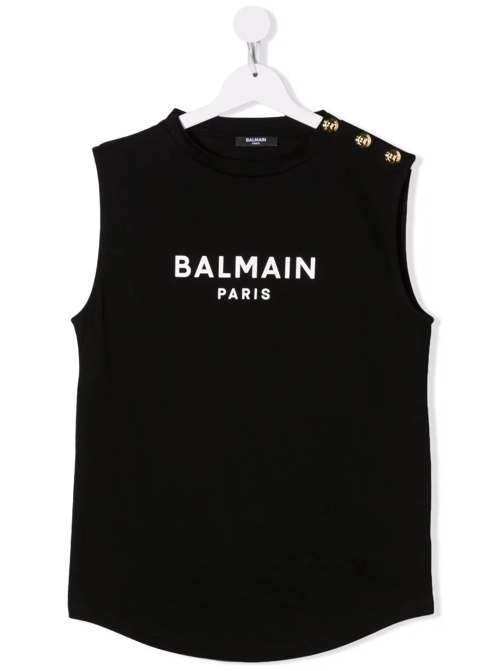 Balmain Kids Black Sleeveless T-shirt With White Logo And Golden Embossed Buttons