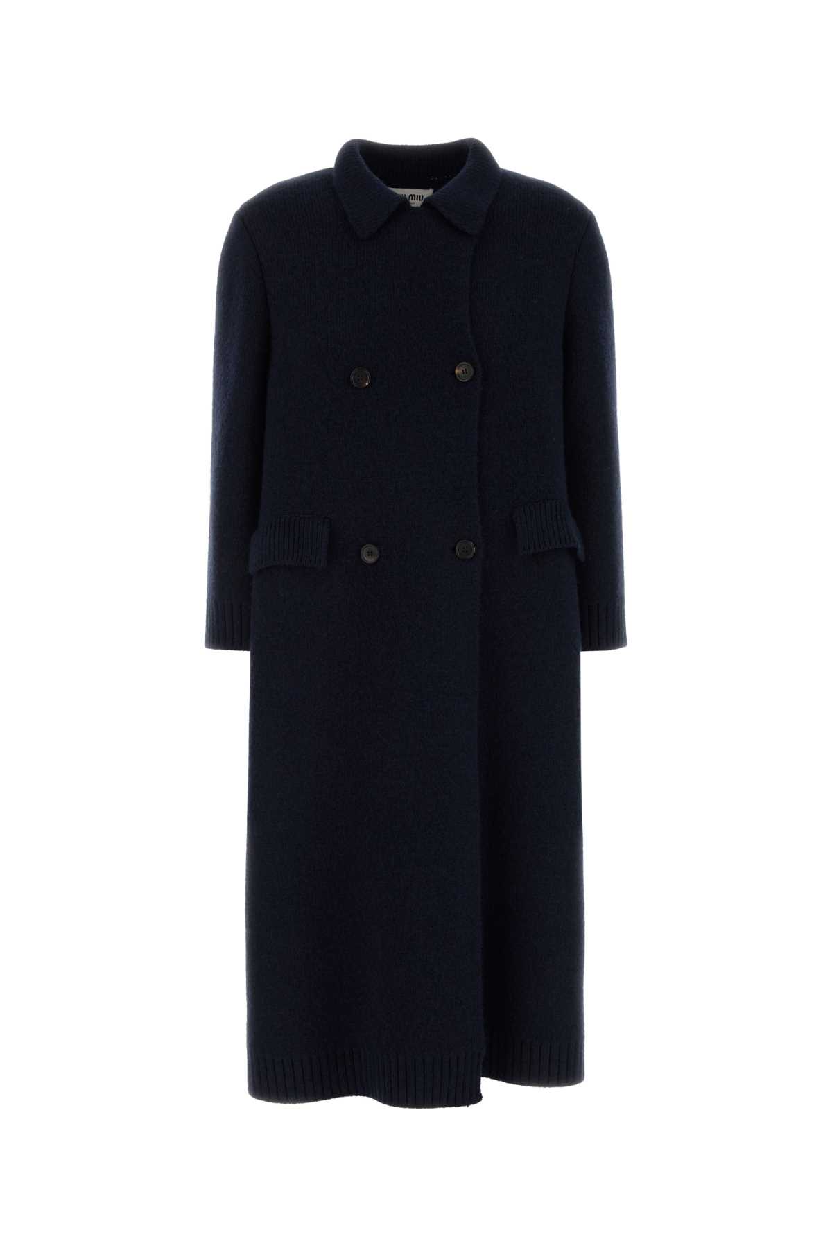 Miu Miu Double-breasted Wool Blend Coat Featuring Pockets In Blue