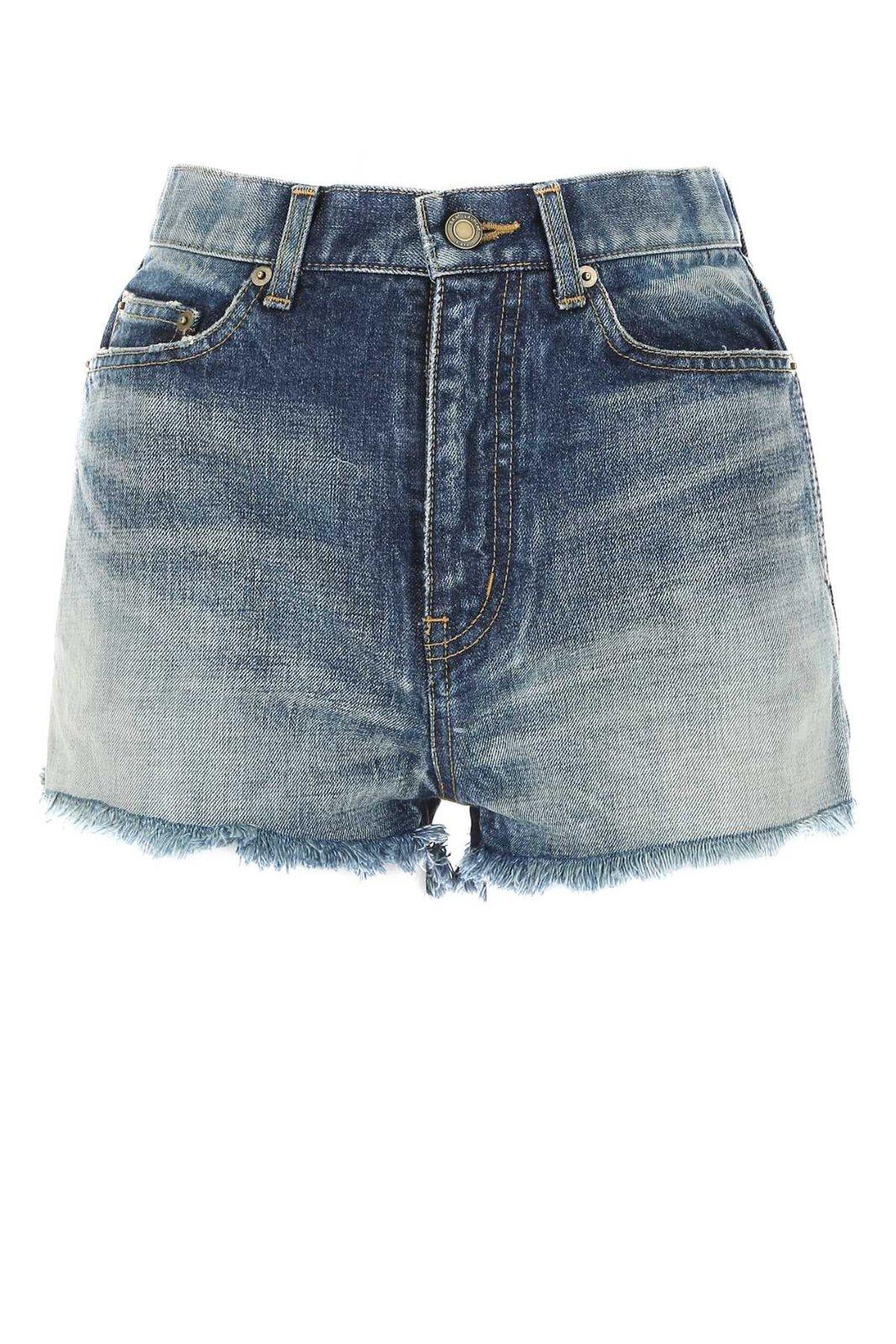 Shop Saint Laurent Raw-edge Denim Shorts In Blue