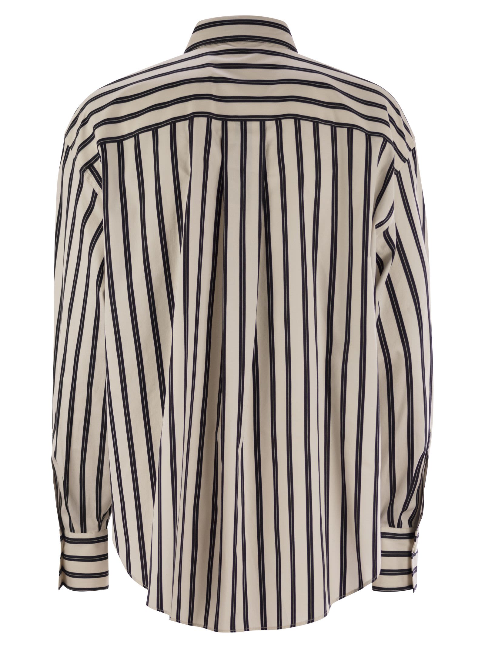 Brunello Cucinelli White Shirt With Floral Embroidery On The Front And All-over Striped Motif In Bianco/nero