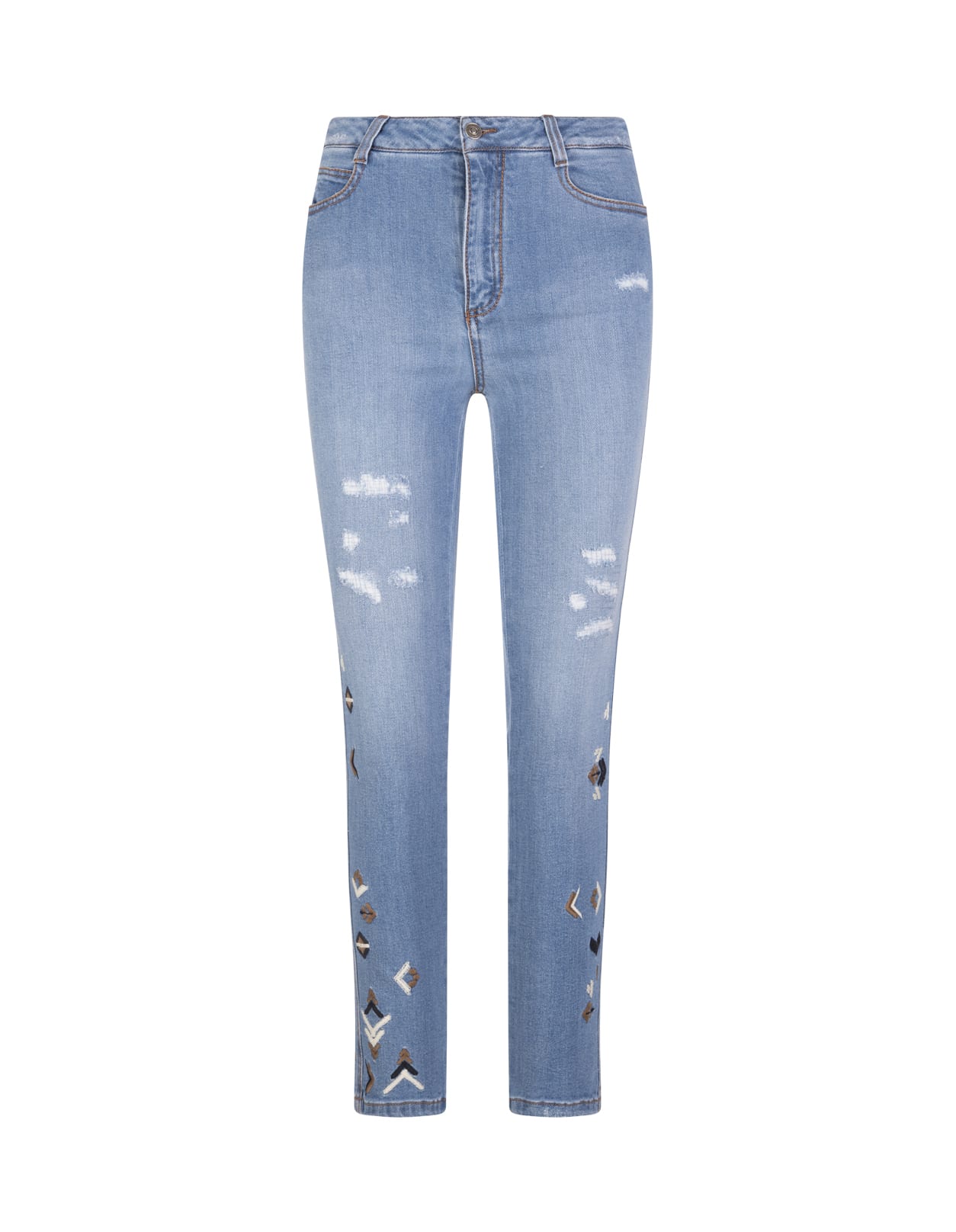 Ermanno Scervino Blue Cropped Straight Leg Jeans With Ethnic Embroideries