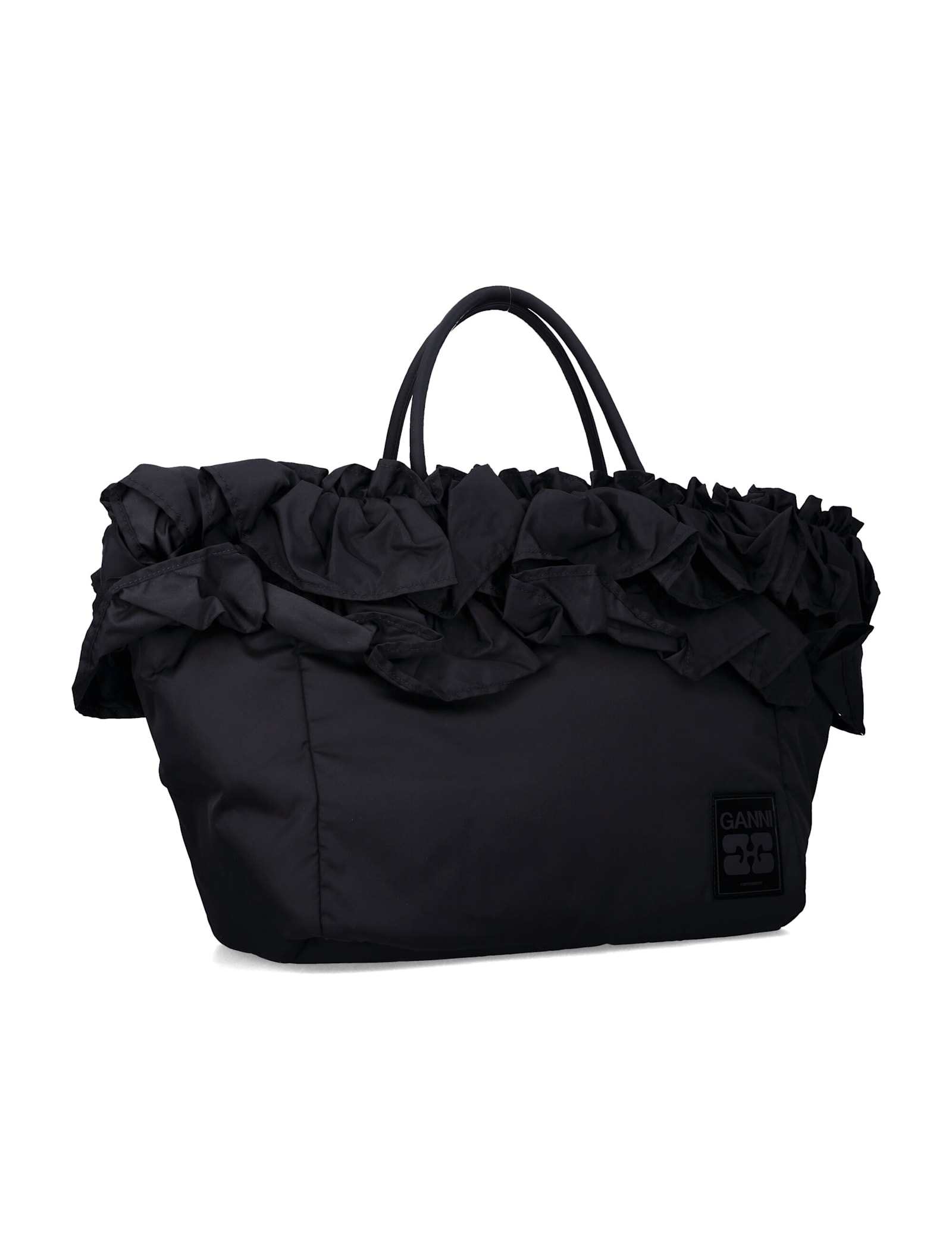 Ganni Black Nylon Ruffled Xxl Shopper Bag In Black