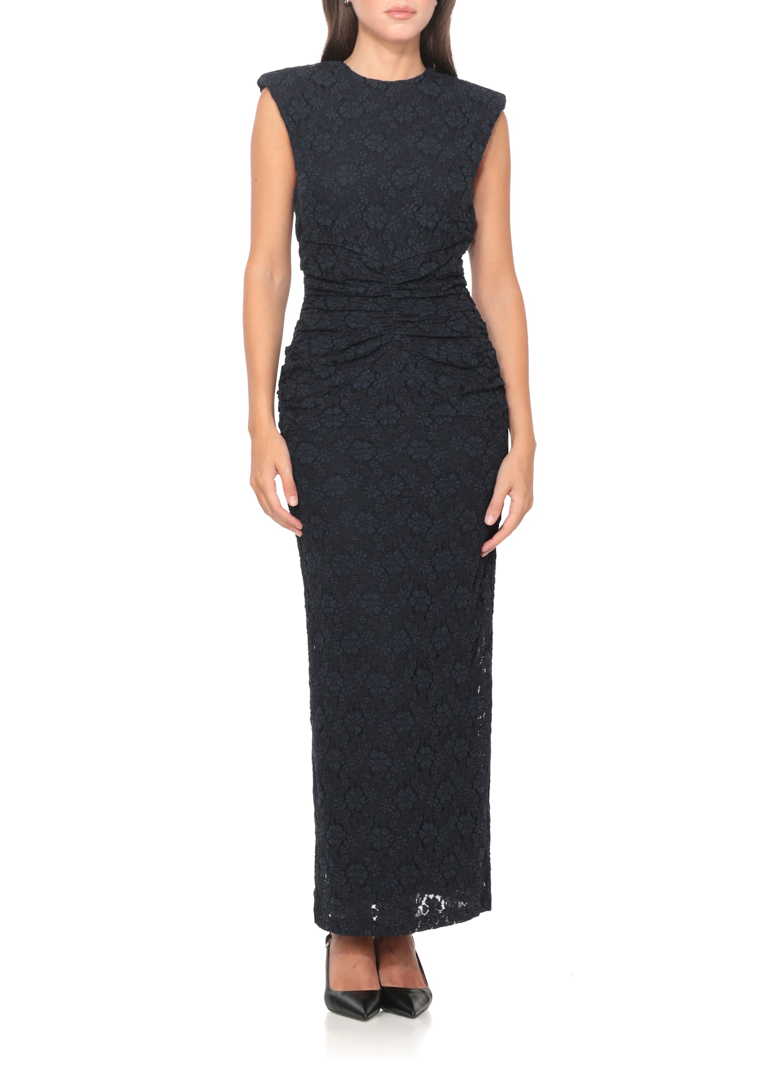 Rotate Birger Christensen Long Sleeveless Fitted Midi Dress With Textured Detailing In Blue