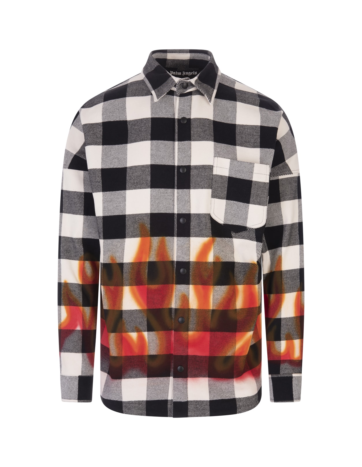 Palm Angels Man Black And White Check Cotton Overshirt With Burning Flames Print