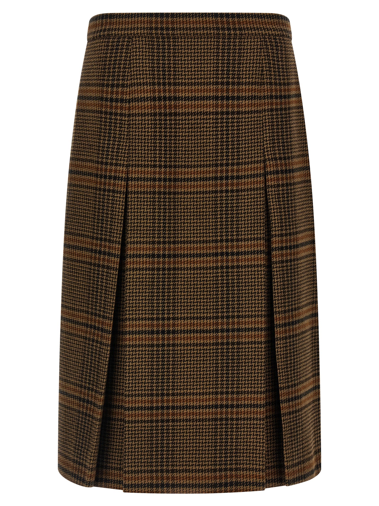Saint Laurent Jupe Pleated Houndstooth Wool-blend Midi Skirt In Brown