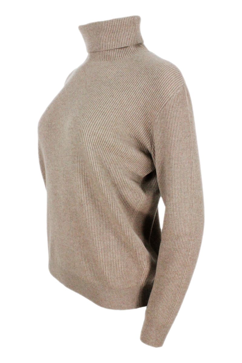 Brunello Cucinelli Embellished Collar Cashmere Turtleneck In Brown