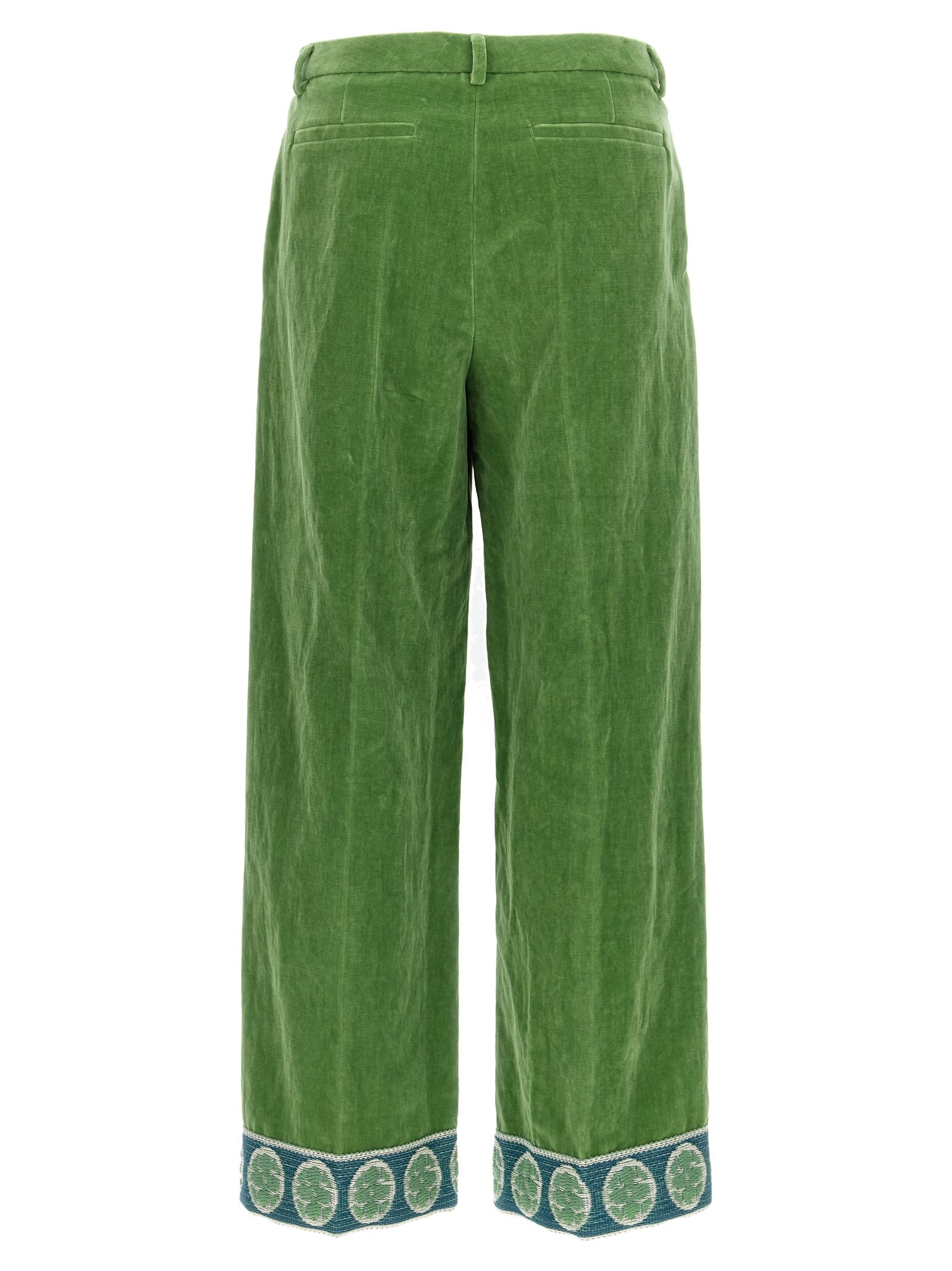 Valentino Garavani Velvet Trousers With Jacquard Hem In Green