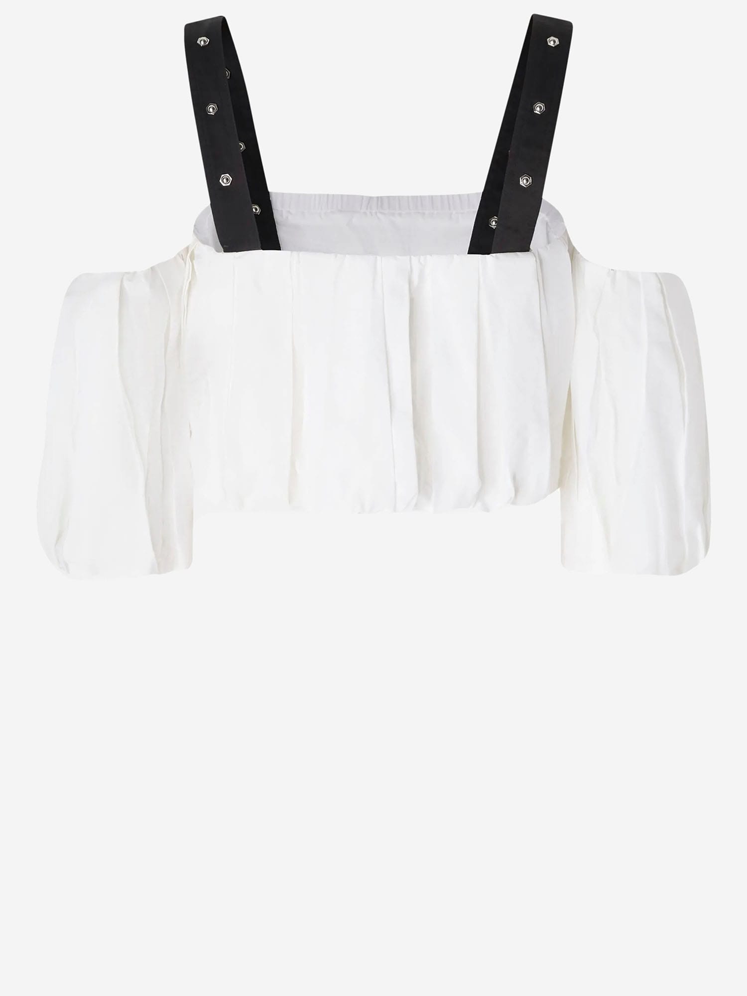 Pinko Cropped Beige Top With Puff Sleeves And Adjustable Straps