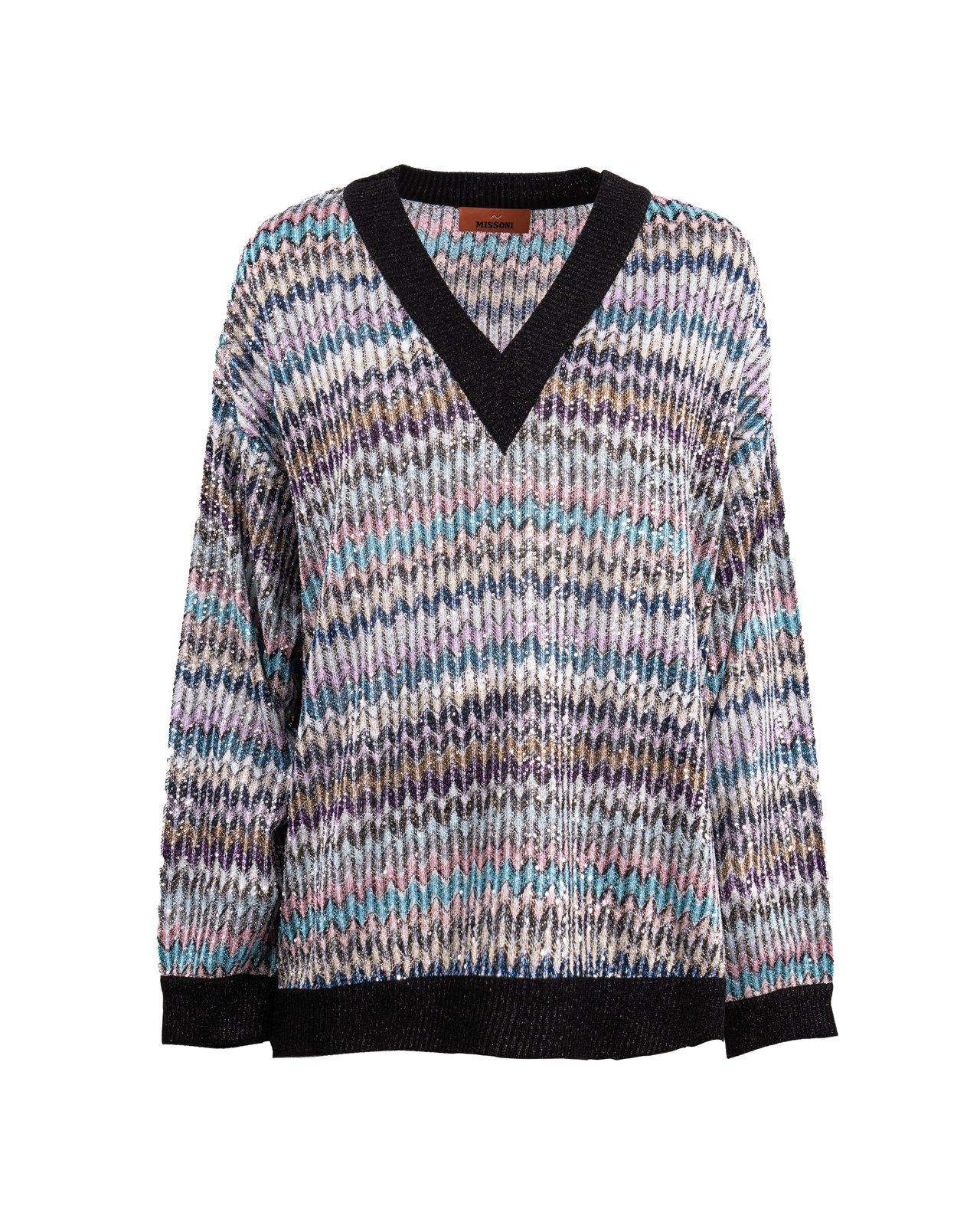 Shop Missoni Sequin Embellished Oversized V-neck Jumper  In Multicolor