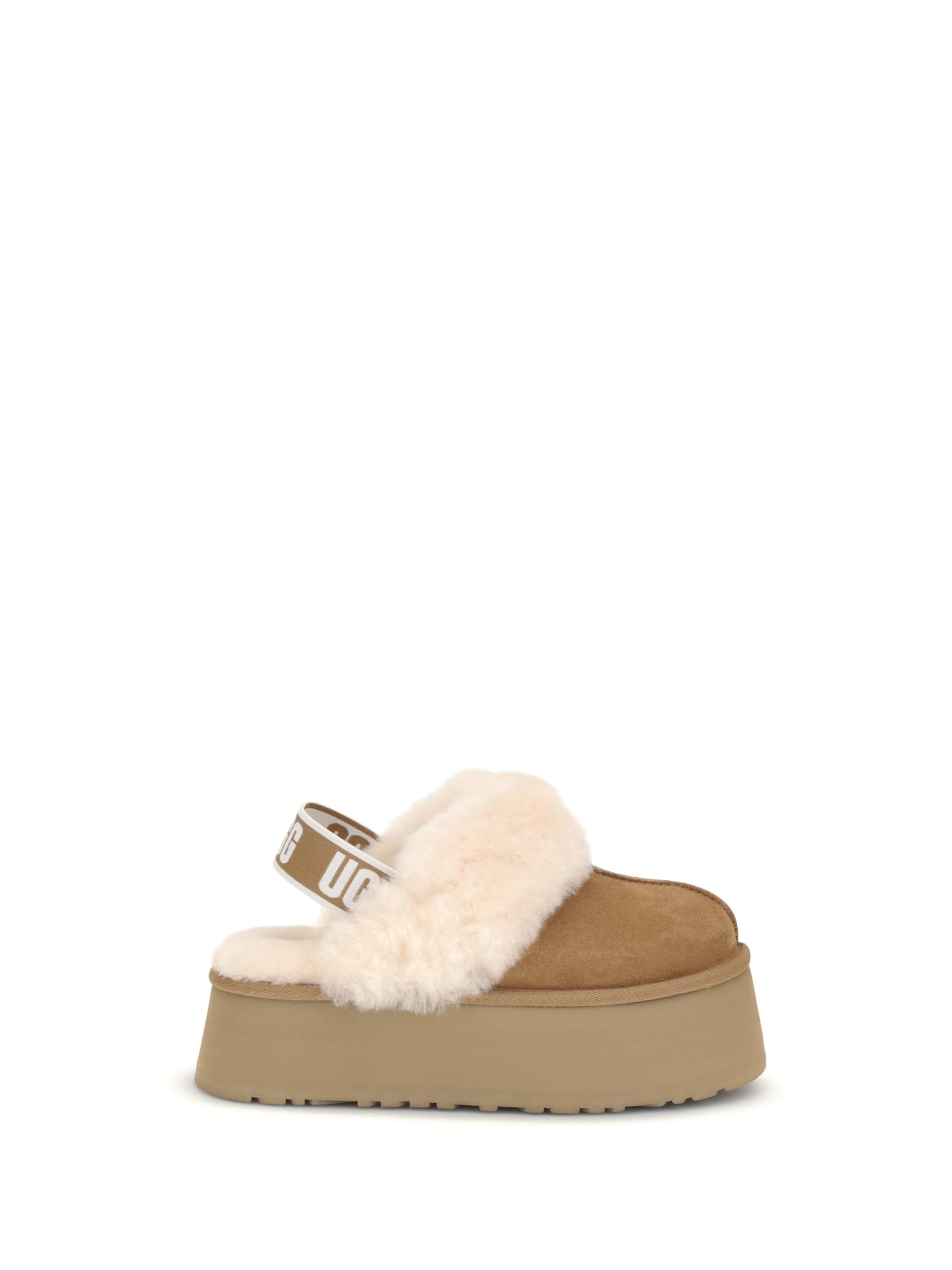 Ugg Platform Mules Made Of Camel-colored Leather With Faux Fur And Elastic Back