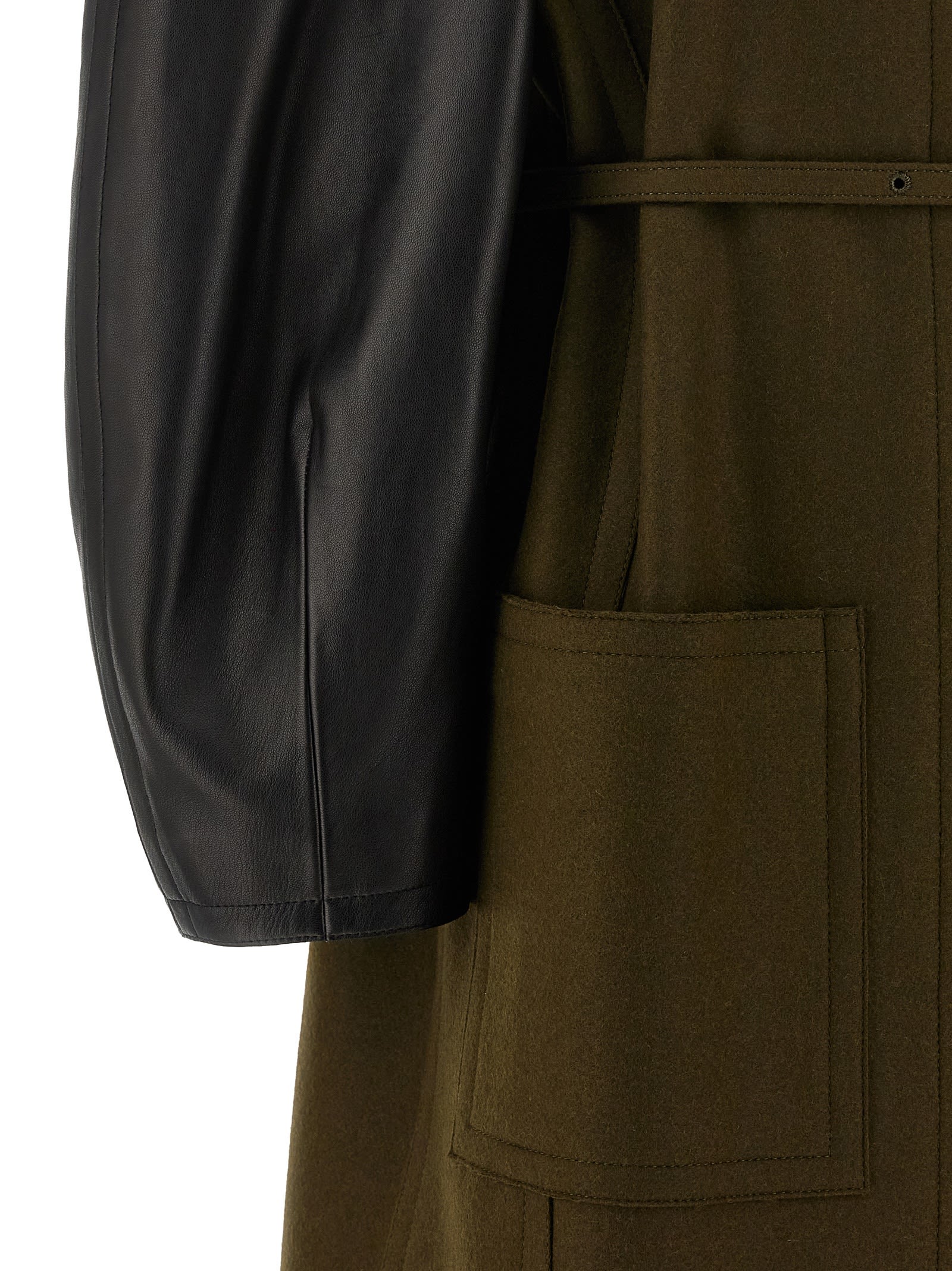 Fendi Women Green Crewneck Coat With Puffed Leather Sleeves And Belt With Ff Plaque In Wool And Visc In Green