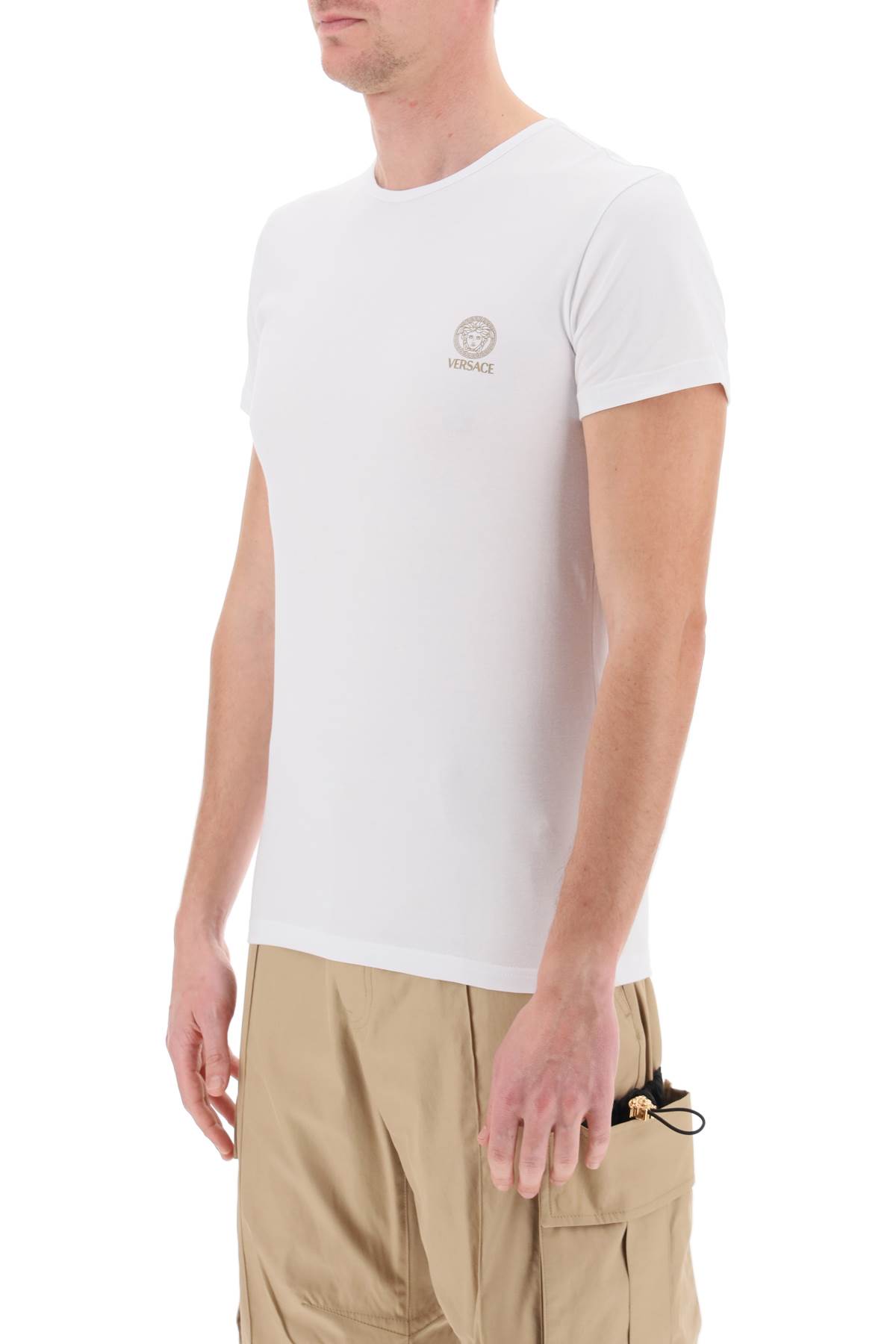 Versace White Crewneck T-shirt With Medusa Print On The Front In Cotton Stretch Man In Optical White