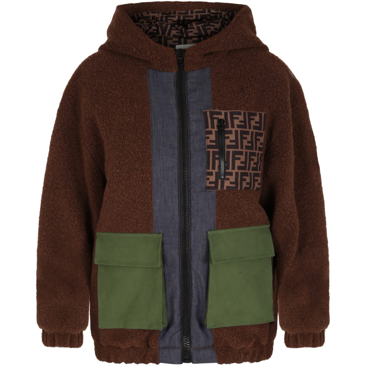 Fendi Brown Coat For Kids With Iocni Patches