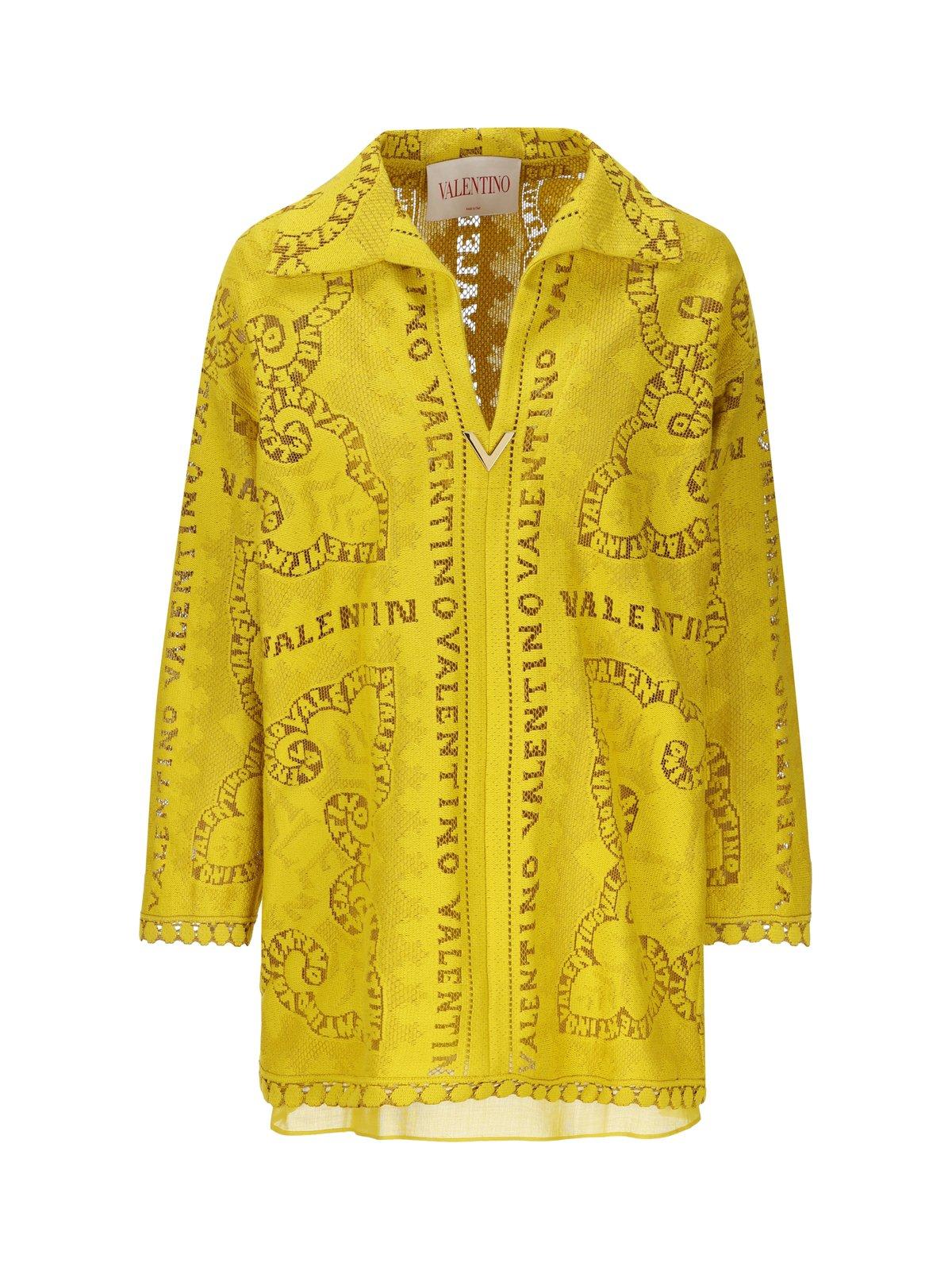 Valentino Logo Plaque V-neck Long-sleeved Dress In Yellow
