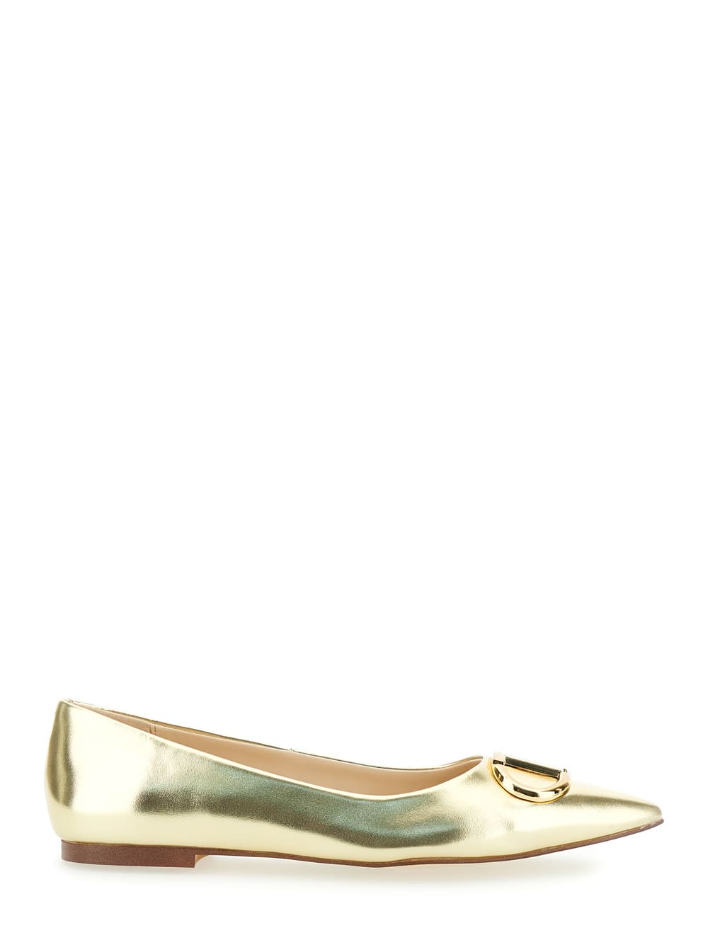 Gold Tone Ballet Flats With Oval T Detail In Laminated Leather Woman
