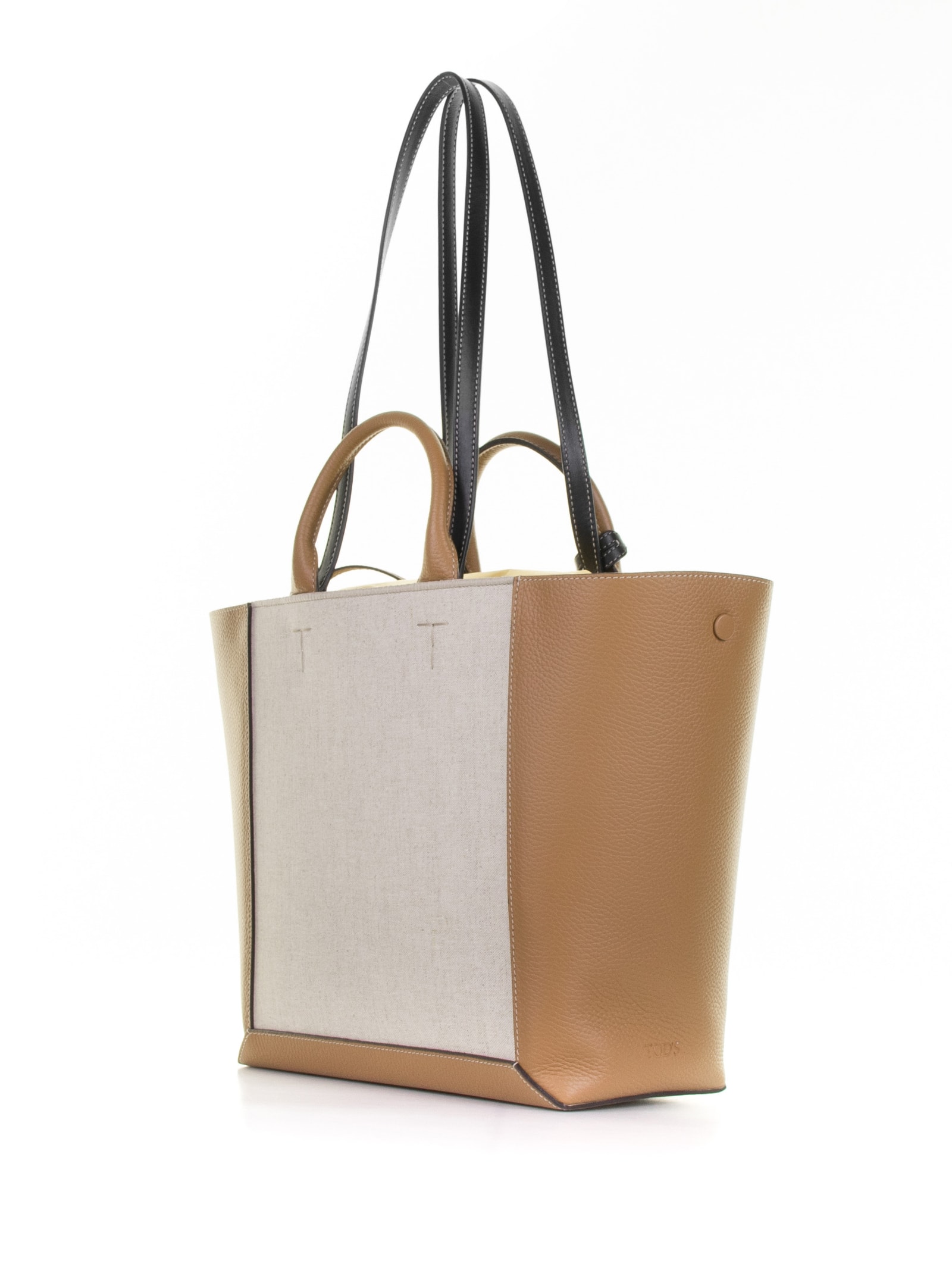 Shop Tod's Double Up Shopping Bag In Leather And Medium Canvas In Mastice Kenya