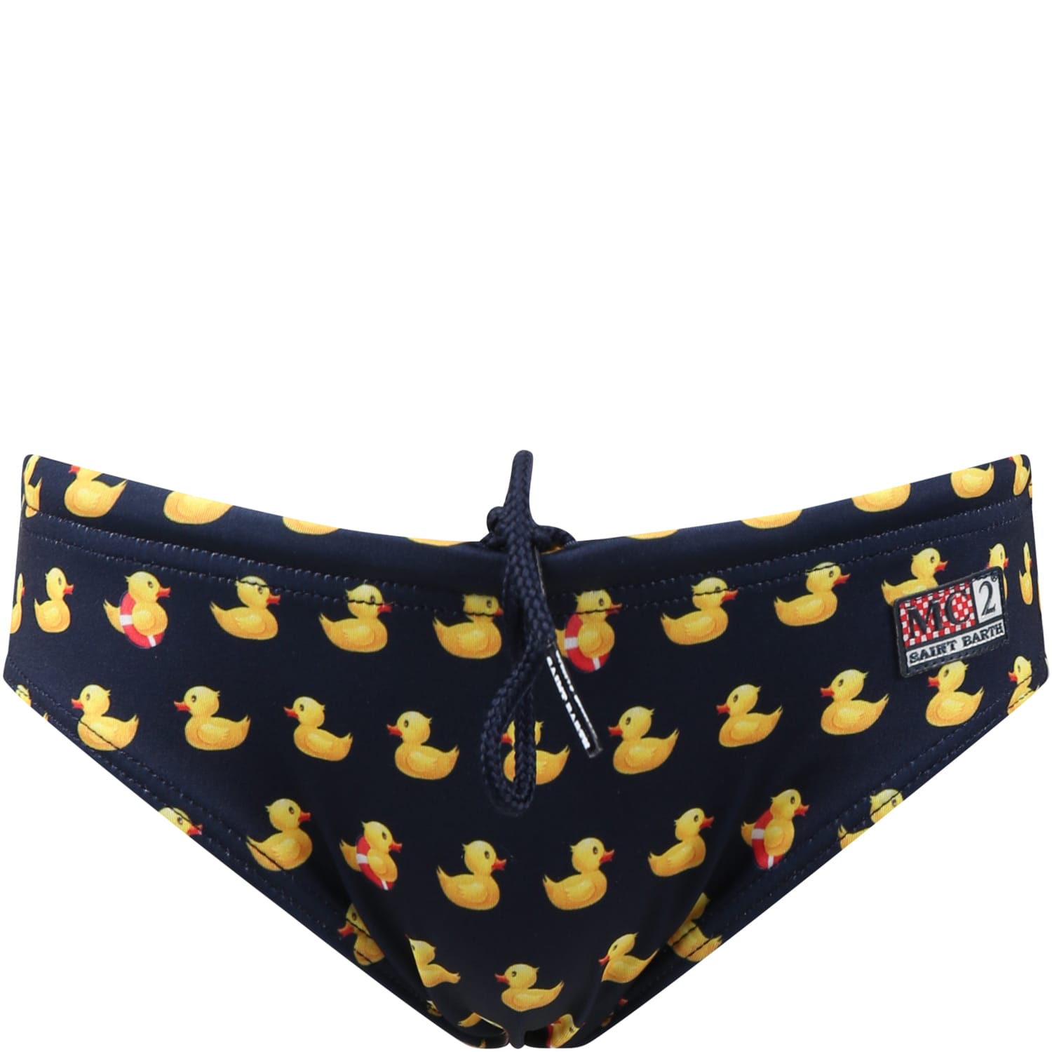 MC2 SAINT BARTH BLUE SWIM BRIEFS FOR BOY WITH ALL-OVER DUCK PRINT AND LOGO
