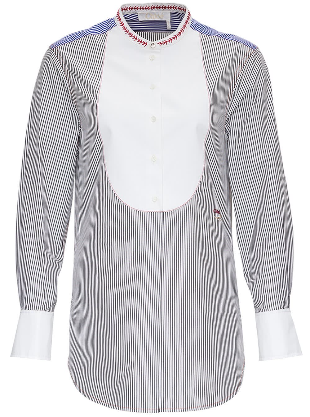 Click to view more detailed imagery on our partner's website Chloé Striped Cotton Shirt With Contrasting Bib In Blu