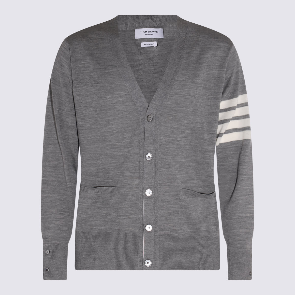 Thom Browne Medium Grey Wool Cardigan With Distinctive Stripe Detail In Pale Grey
