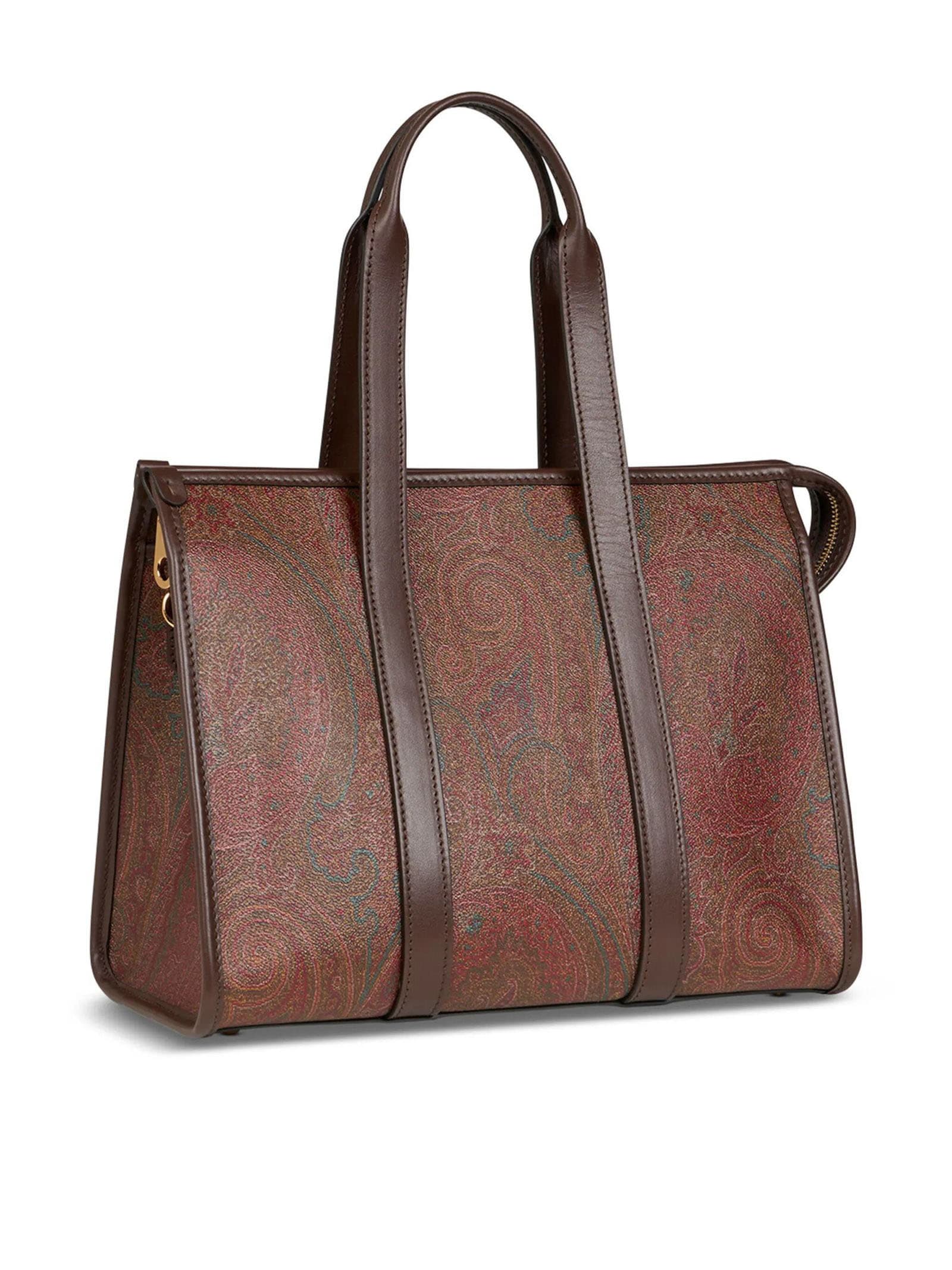 Shop Etro Medium Handle Bag Paisley Jacquard Fabric In Brown