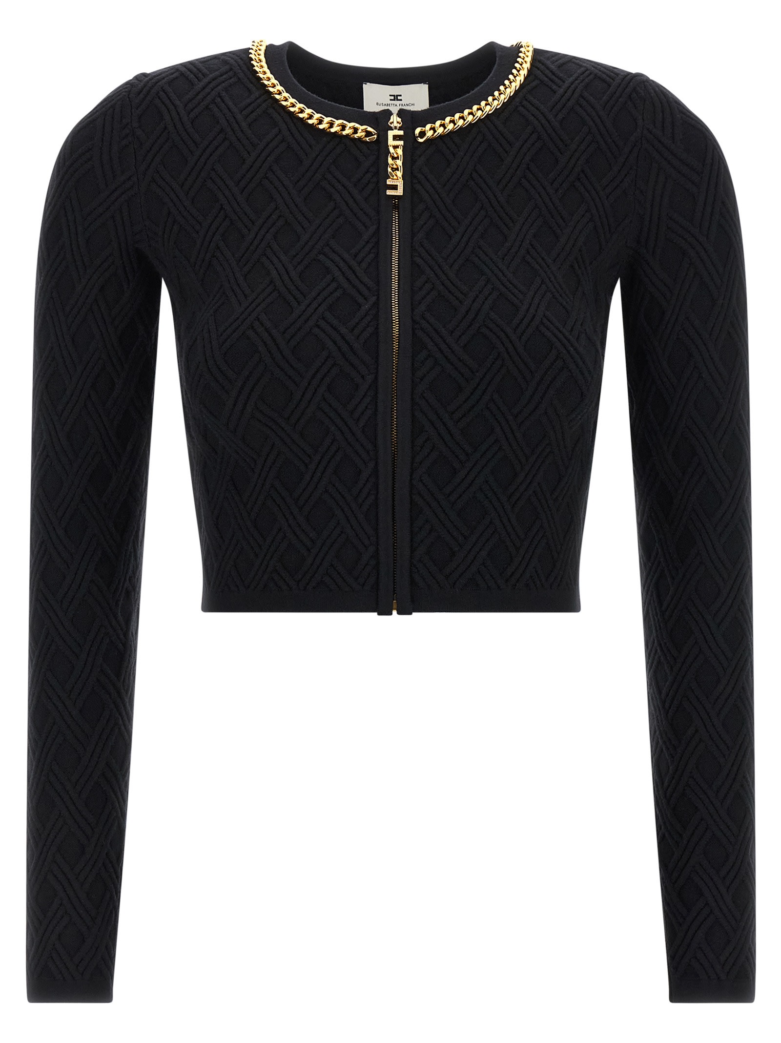 Elisabetta Franchi Cardigan In Maglia A Rombi Con Dettaglio Gioiello Nero In Black