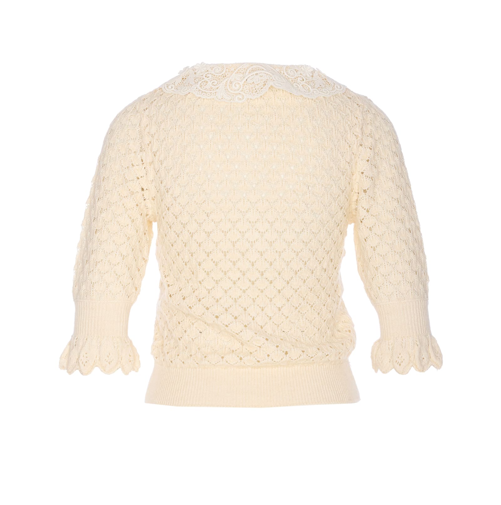 Chloé Textured Knit Crewneck Lace Collar In Neutral