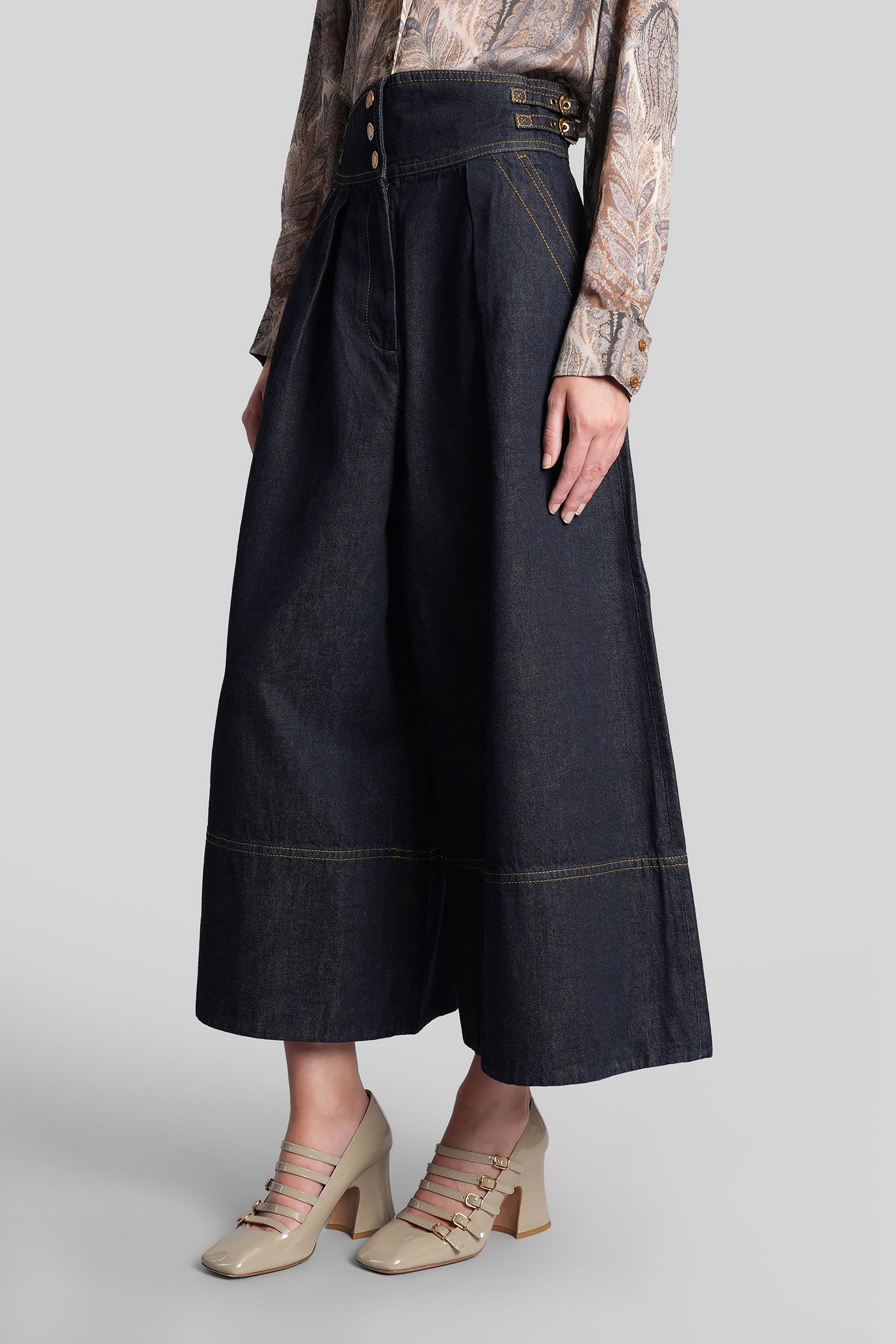 Zimmermann Buckle-detail Pleated Denim Culottes In Blue