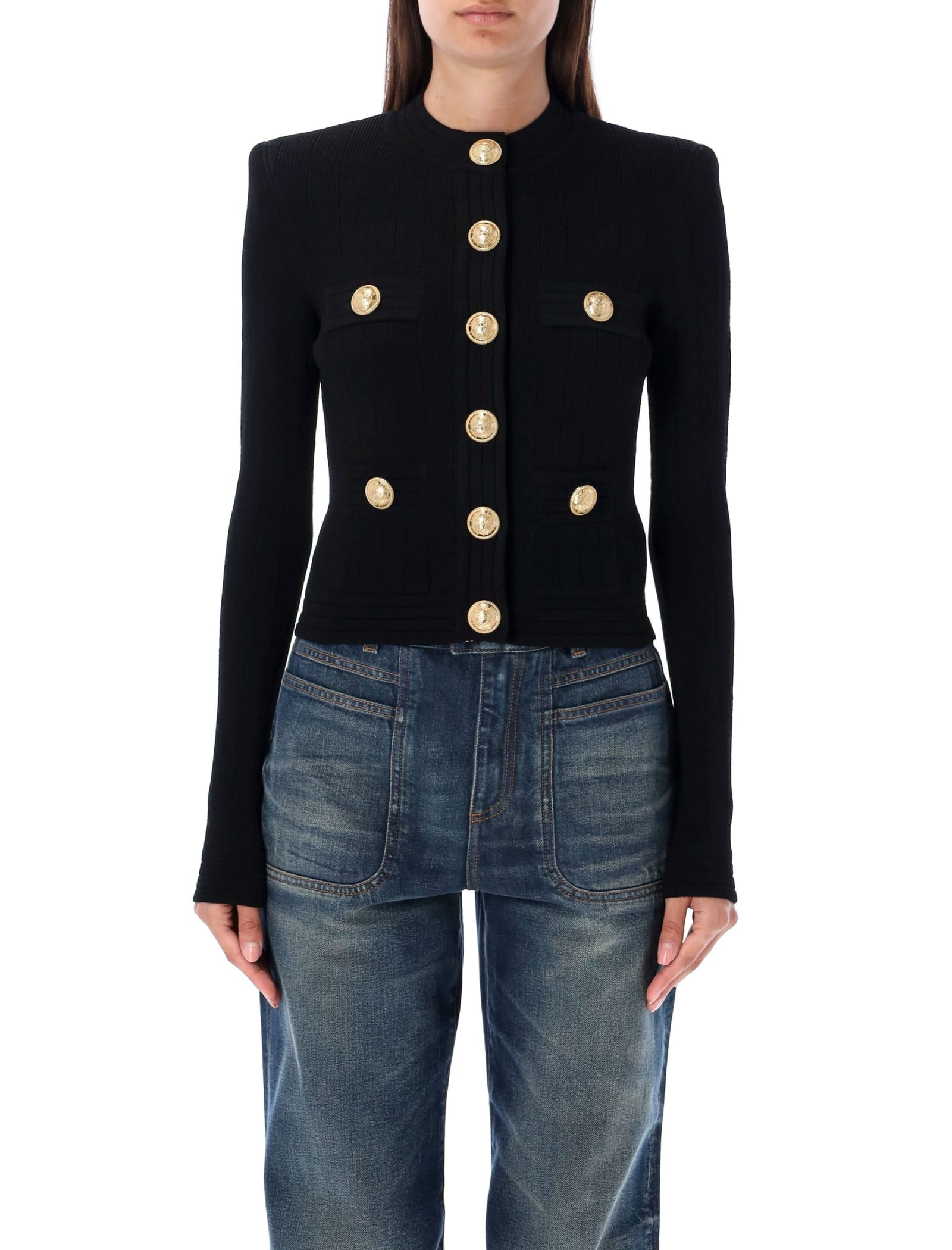 Balmain Knit Cardigan With Gold Buttons In Black