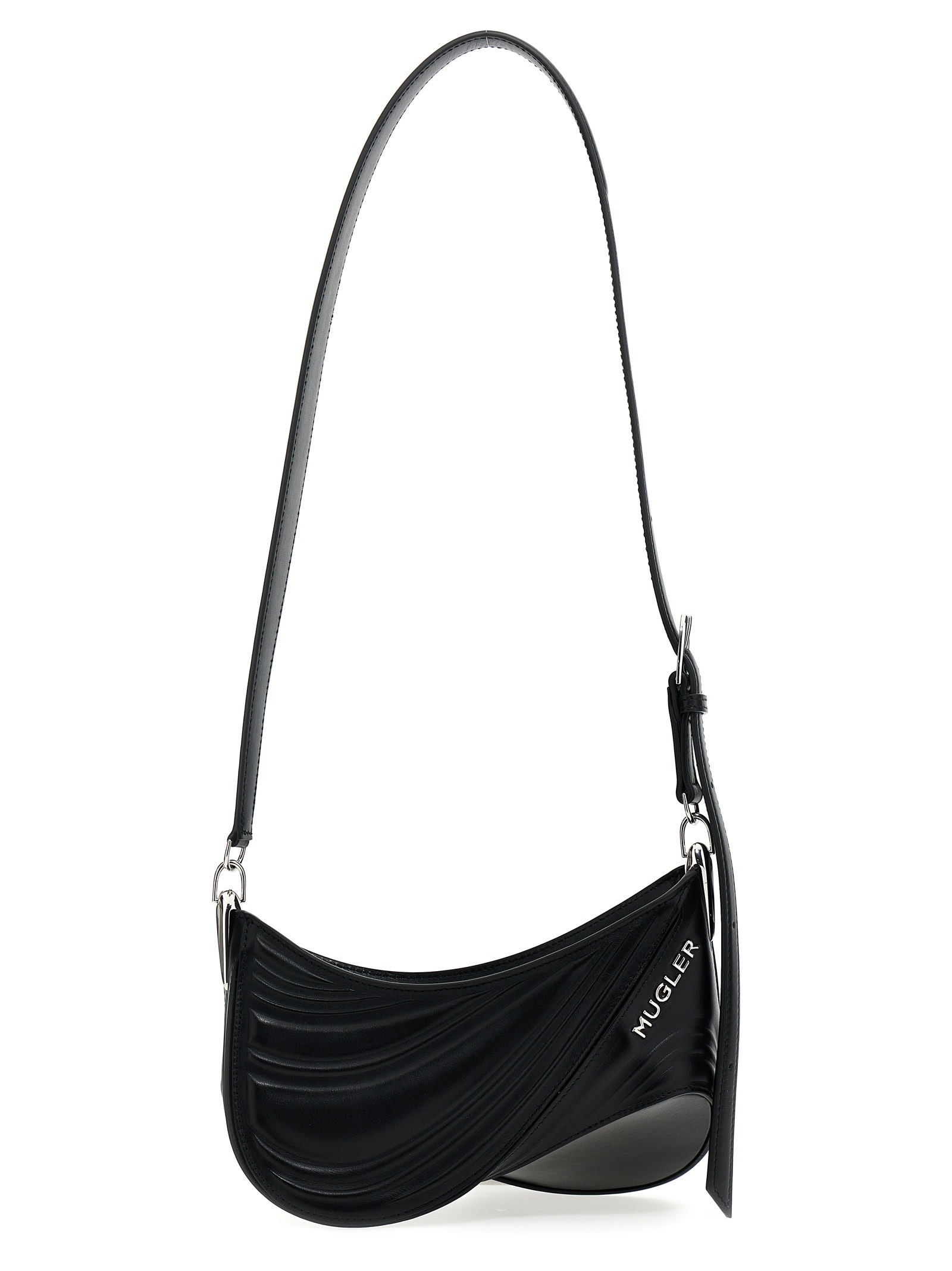 Mugler Spiral Curve 01 Embossed Leather Shoulder Bag In Black
