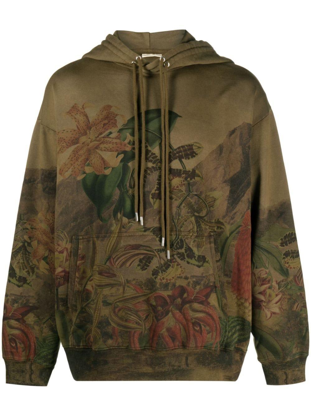 Dries Van Noten Floral Printed Drawstring Hoodie In Khaki | ModeSens