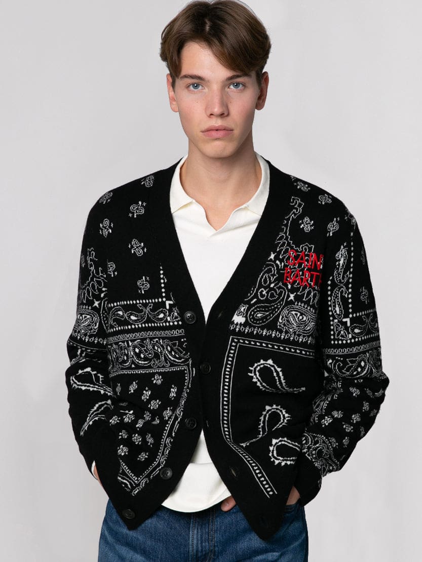 Shop Mc2 Saint Barth Bandanna Knitted Cardigan With Saint Barth Embroidery In Black