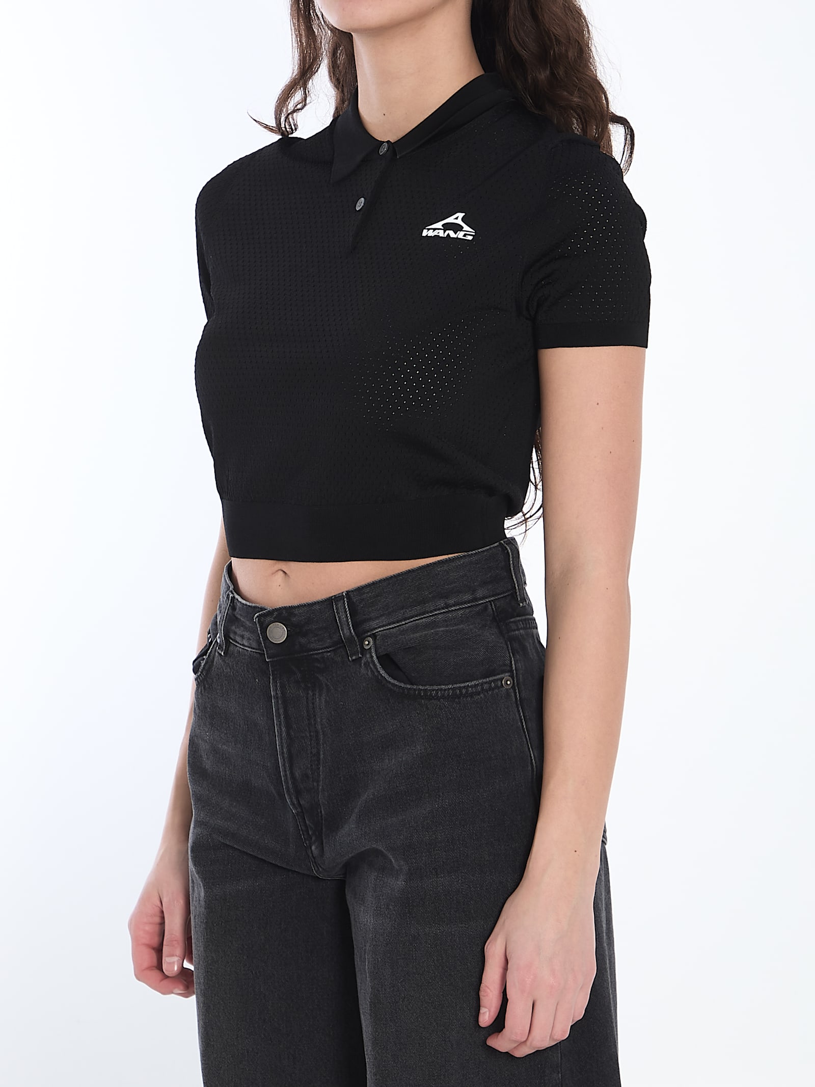 Alexander Wang Perforated Mesh Polo With Collar And Short Sleeves In Black