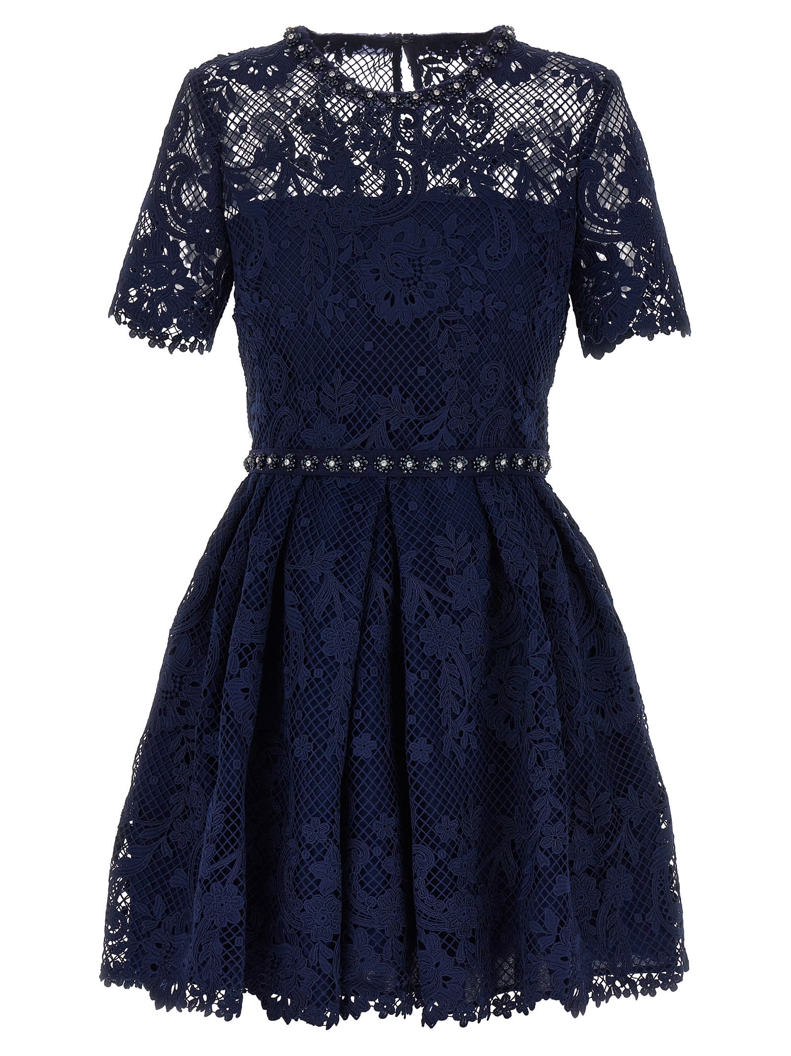 SELF-PORTRAIT NAVY LACE EMBELLISHED MINI DRESS