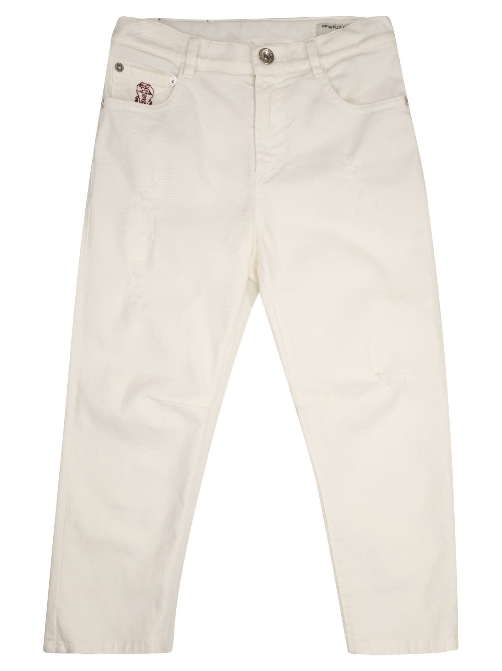 Shop Brunello Cucinelli Five-pocket Trousers In Light Dyed Cotton Comfort Denim With Rips In White