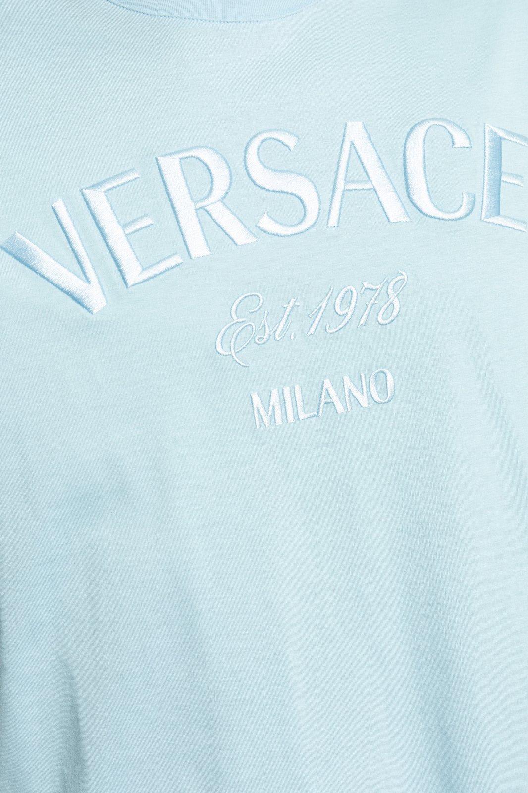 Shop Versace Logo-embroidered Crewneck T-shirt In Azure