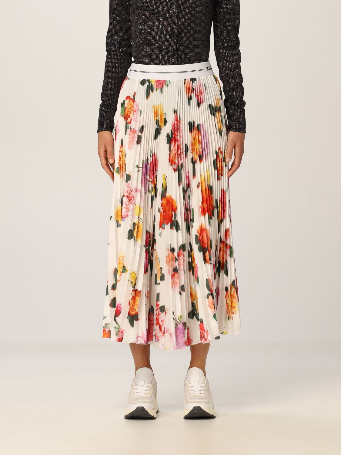 glamorous white pleated midi skirt