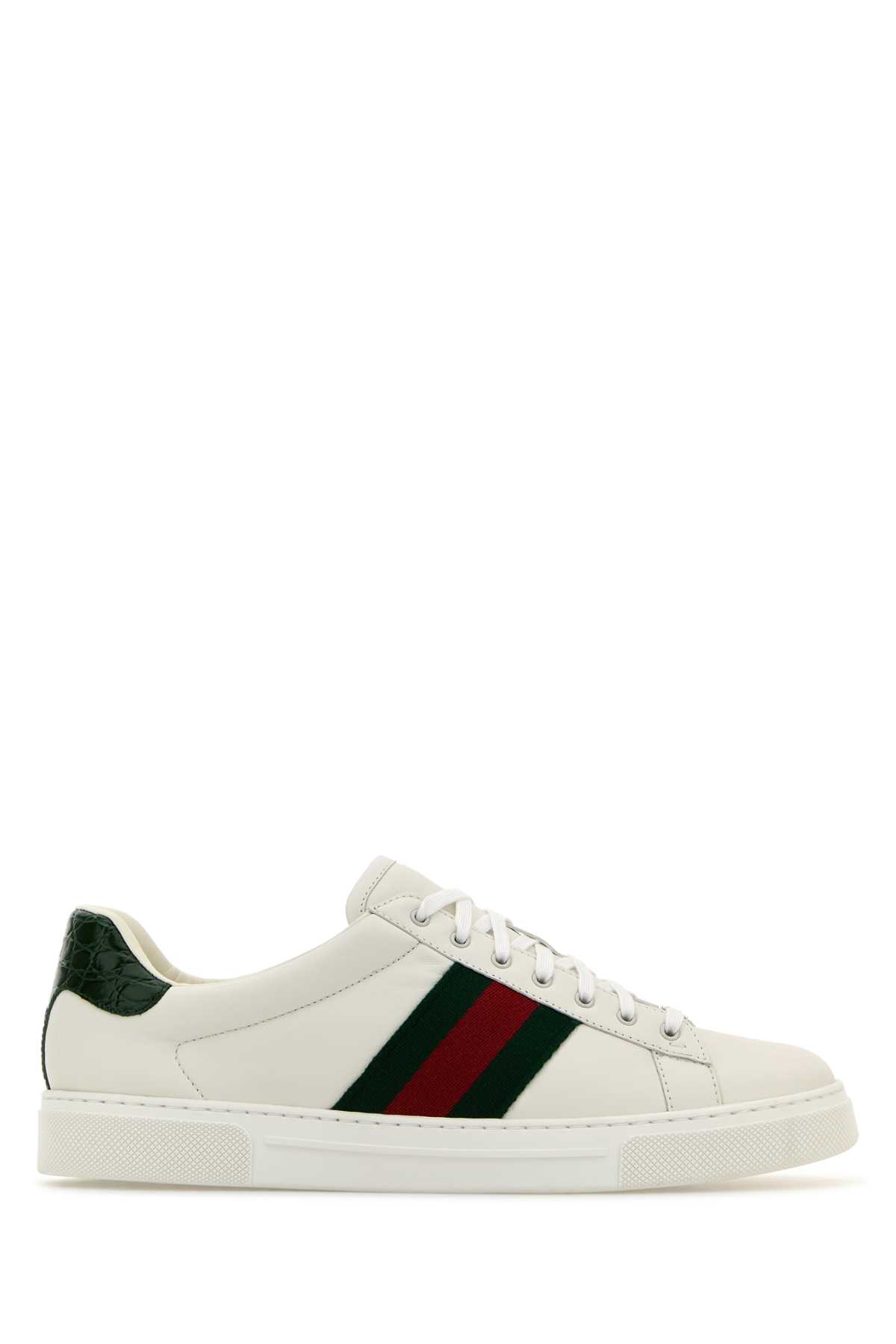 Shop Gucci White Leather Ace Sneakers In Grwhivrvgreenace